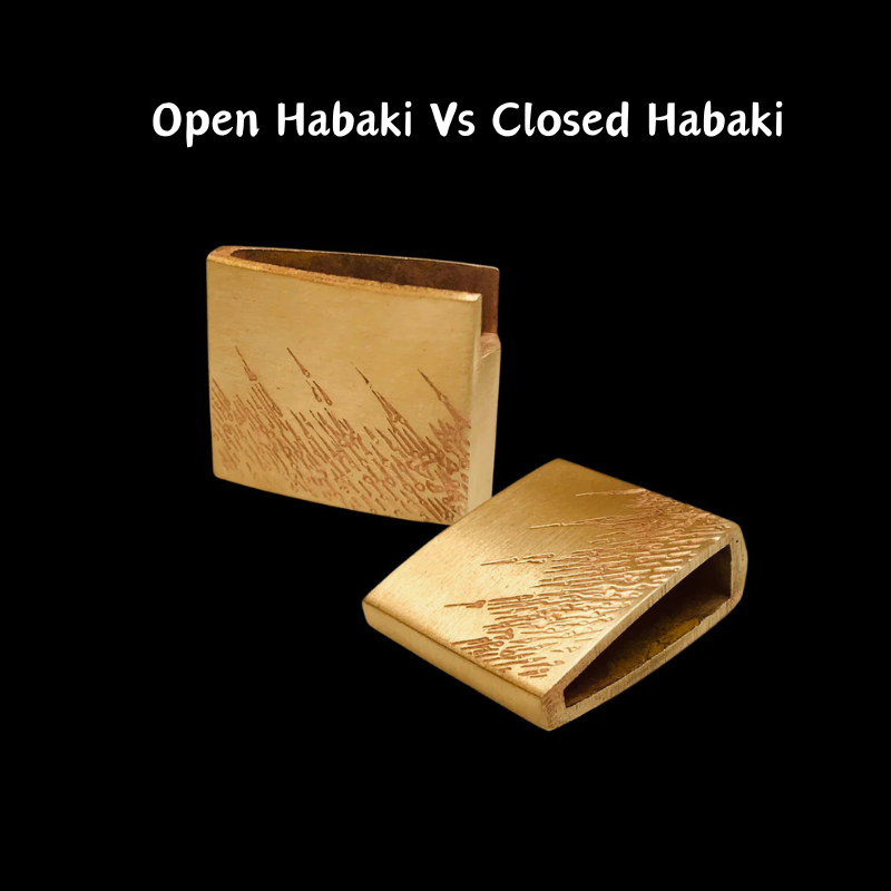 Graphic showing two brass habaki on a black background, illustrating open vs closed collar designs.