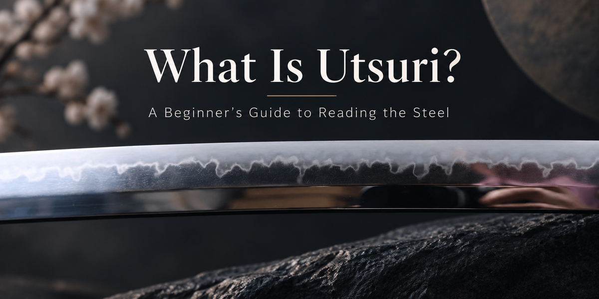 Close-up of a polished Japanese sword blade showing a visible hamon and subtle utsuri activity in the ji, with the title “What Is Utsuri? A Beginner’s Guide to Reading the Steel.”