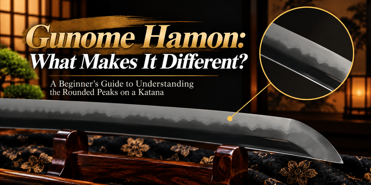 Gunome hamon on a katana blade showing repeated rounded peaks, with a magnified close-up highlighting the distinctive temper line pattern.