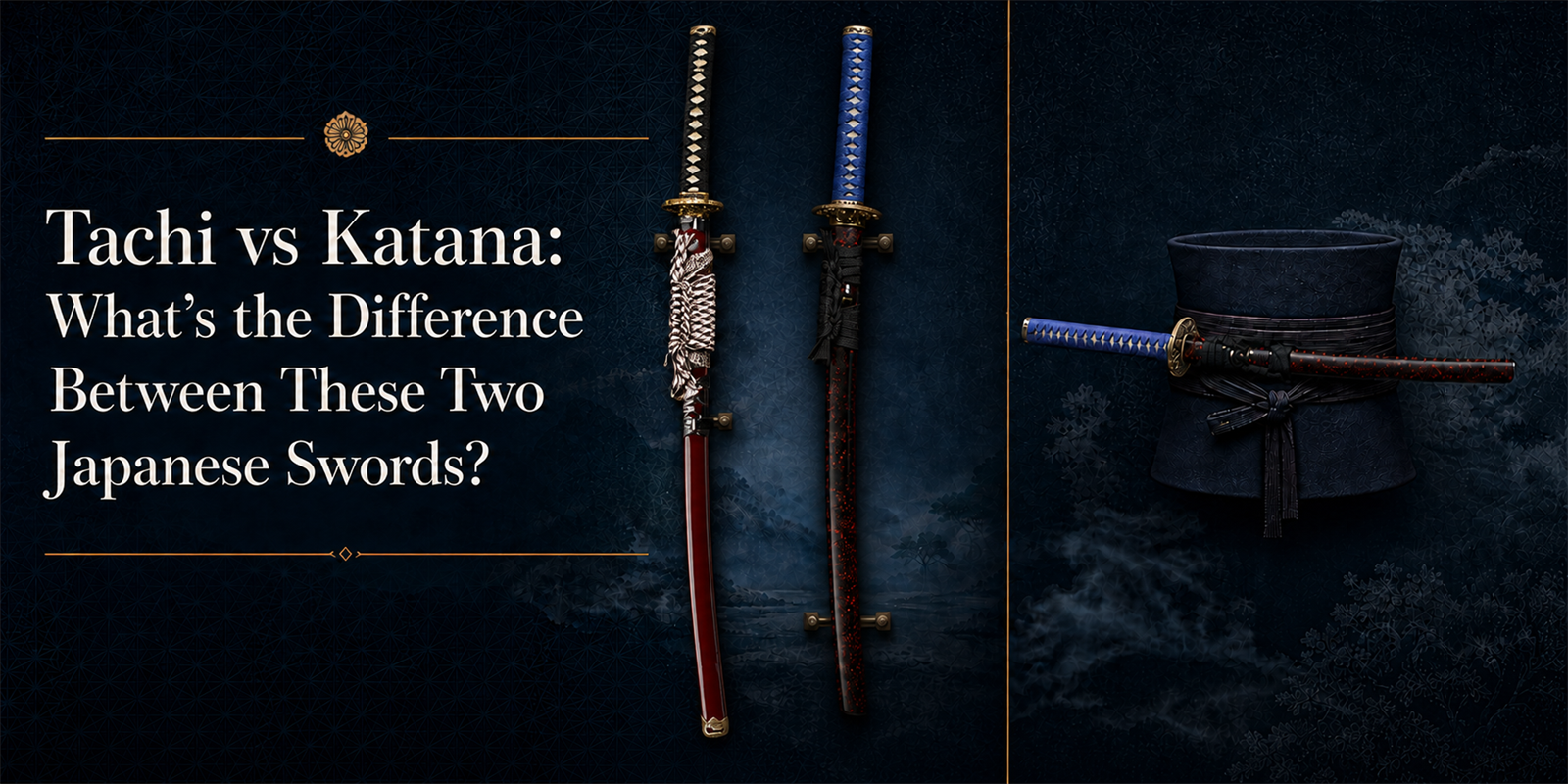 Tachi vs Katana comparison cover showing traditional Japanese swords, highlighting differences in blade design, sword mounting styles, and the key features of these two sword types.