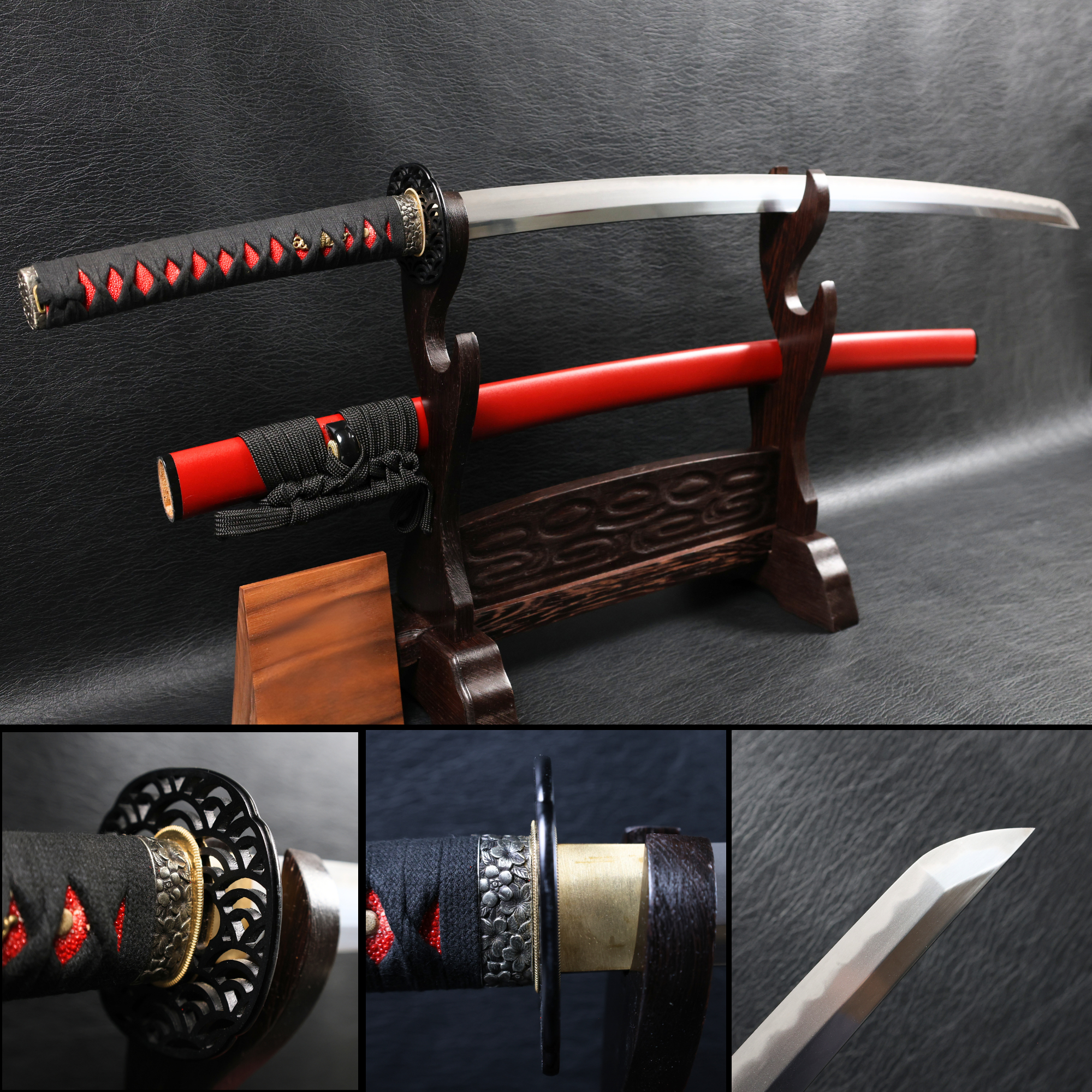 Katana ScarletBloom T10 Clay Tempered Blade with Red Ishime Saya | KSA Huo