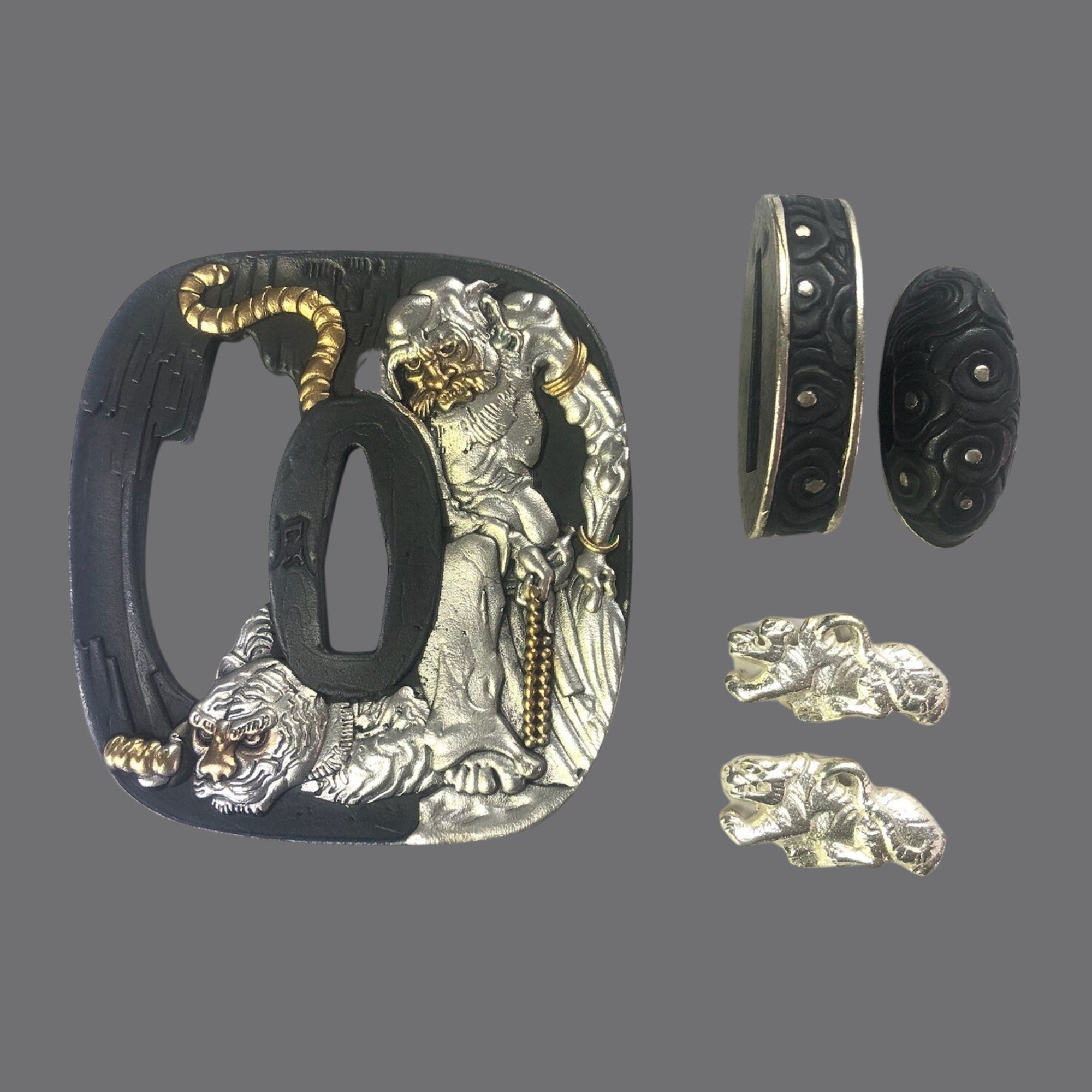 Blackened Copper Tsuba with Buddha and Tiger Design | KatanaSwordArt Tsuba For Sale 2025