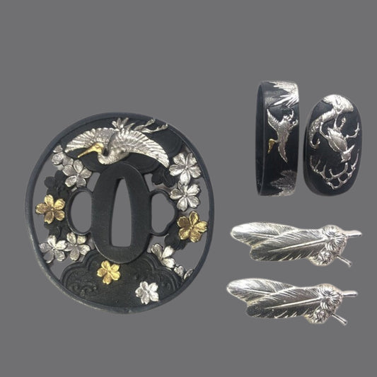 Blackened Copper Tsuba with Crane and Cherry Blossom Design | KatanaSwordArt Tsuba For Sale 2025