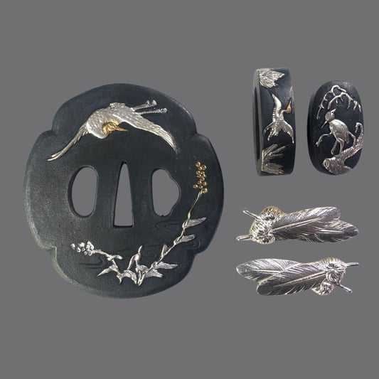 Blackened Copper Tsuba with Crane and Plant Design | KatanaSwordArt Tsuba For Sale 2025