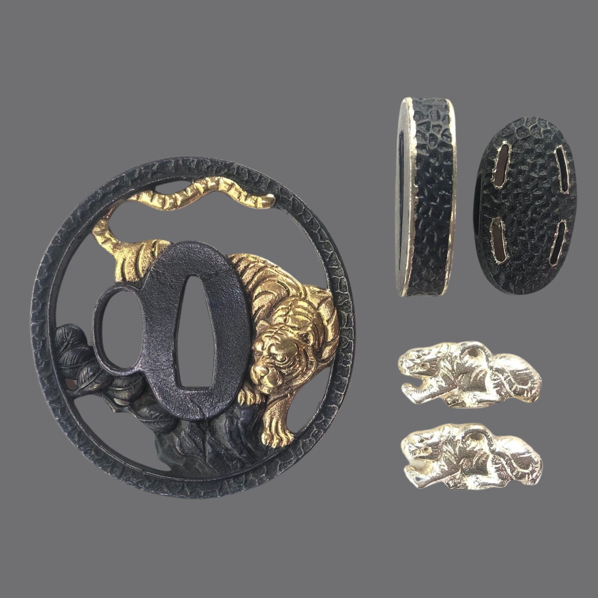 Blackened Copper Tsuba with Crouching Tiger Design | KatanaSwordArt Tsuba For Sale 2025