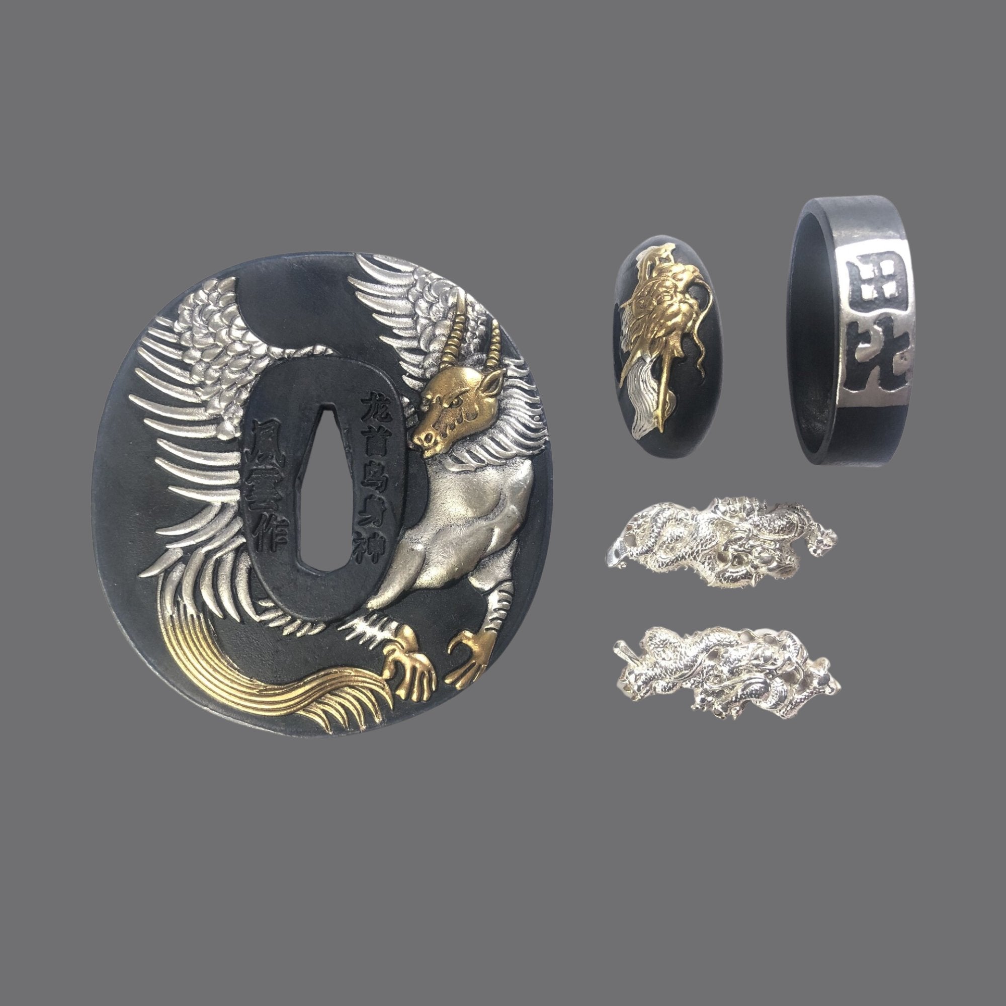 Blackened Copper Tsuba with Dragon Head and Bird Body Deity Design | KatanaSwordArt Tsuba For Sale 2025