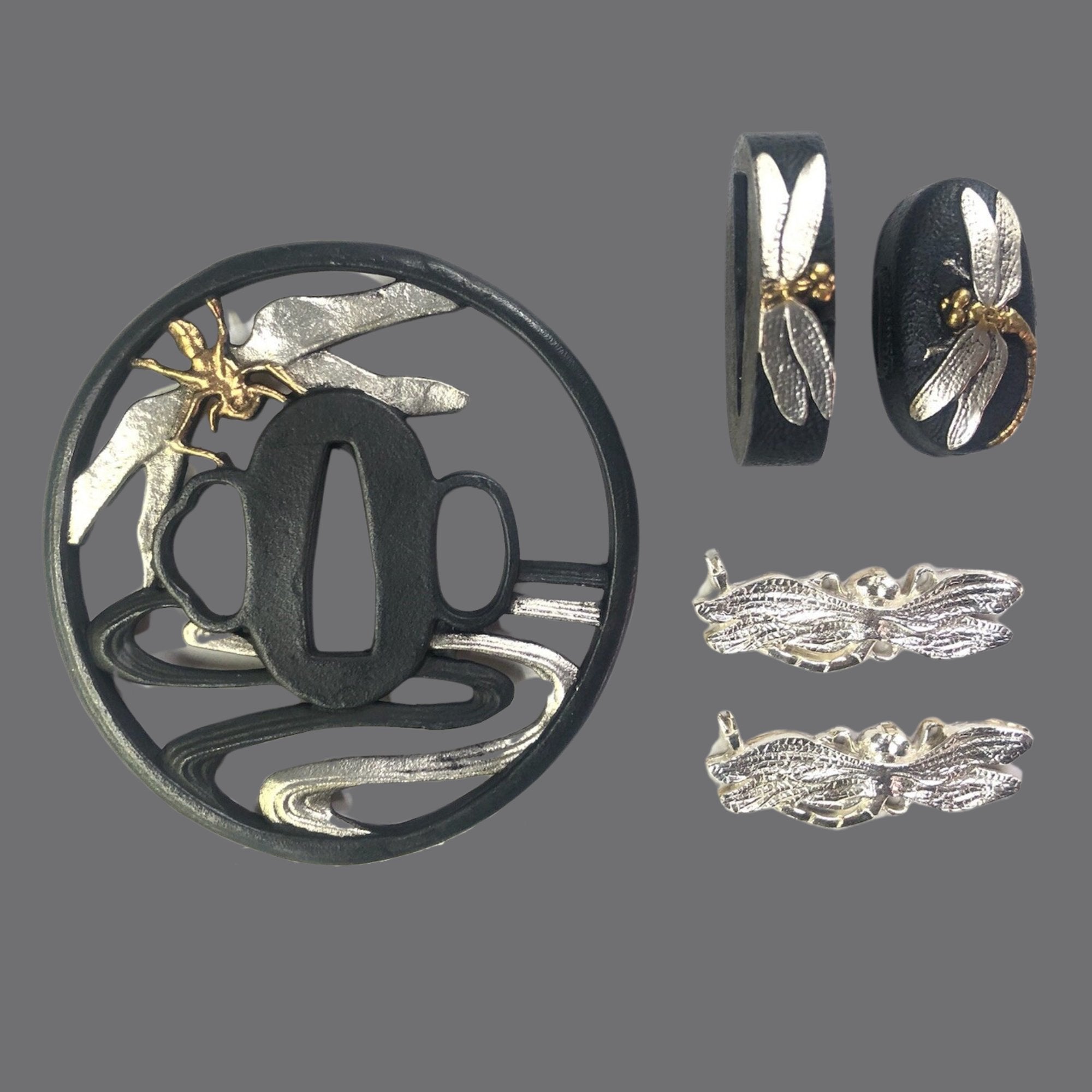 Blackened Copper Tsuba with Dragonfly and Flowing Water Design | KatanaSwordArt Tsuba For Sale 2025