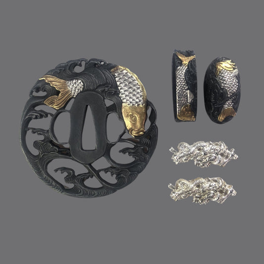 Blackened Copper Tsuba with Leaping Carp and Waves Design | KatanaSwordArt Tsuba For Sale 2025