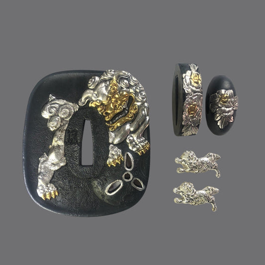Blackened Copper Tsuba with Lion and Peony Design | KatanaSwordArt Tsuba For Sale 2025