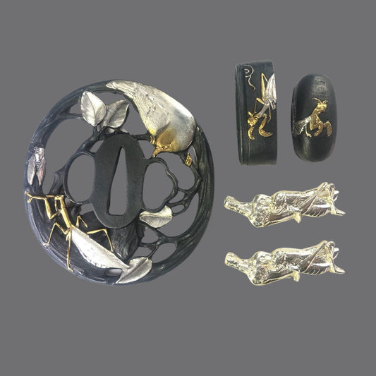 Blackened Copper Tsuba with Mantis Stalking Cicada Unaware of the Oriole Behind Design | KatanaSwordArt Tsuba For Sale 2025