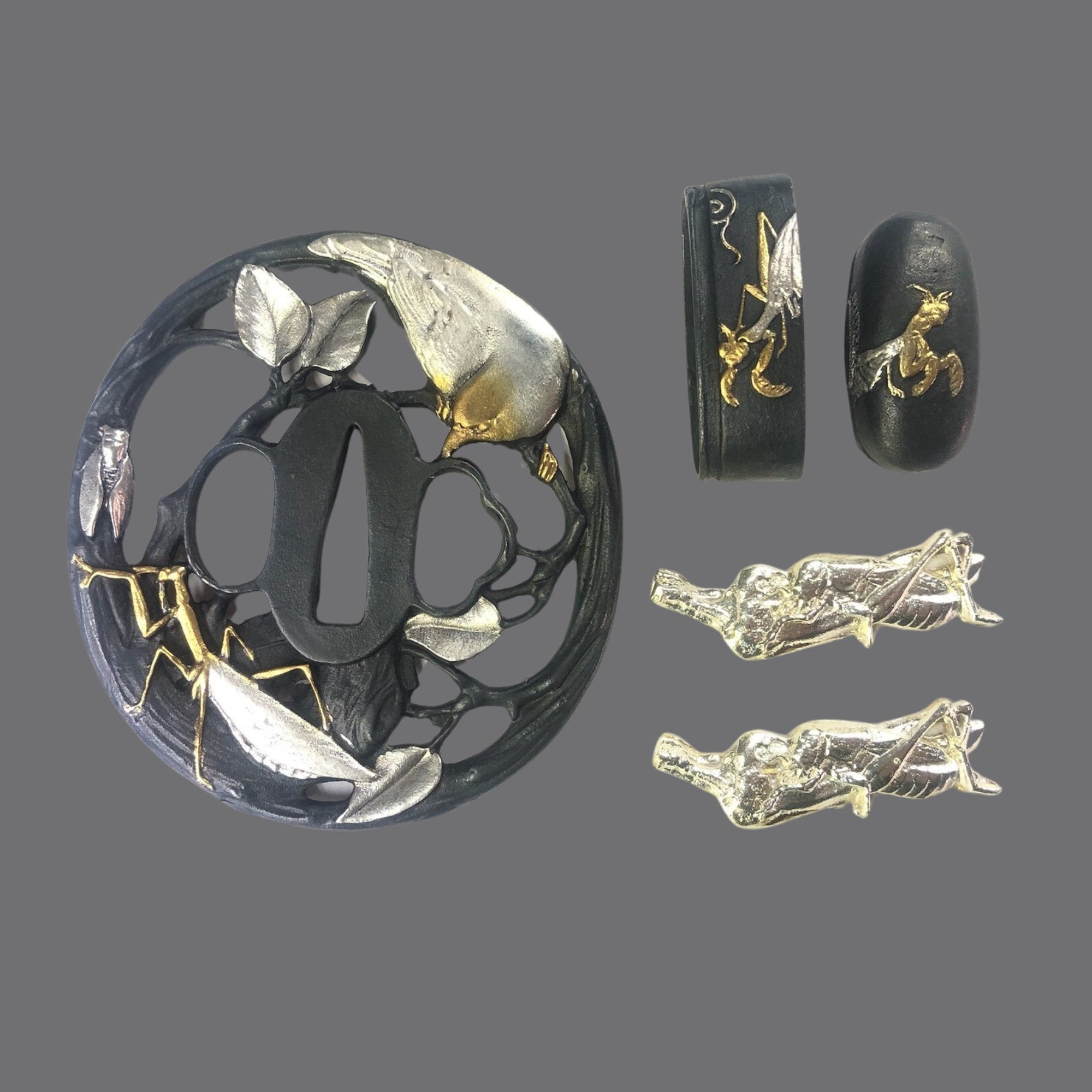 Blackened Copper Tsuba with Mantis Stalking Cicada Unaware of the Oriole Behind Design | KatanaSwordArt Tsuba For Sale 2025