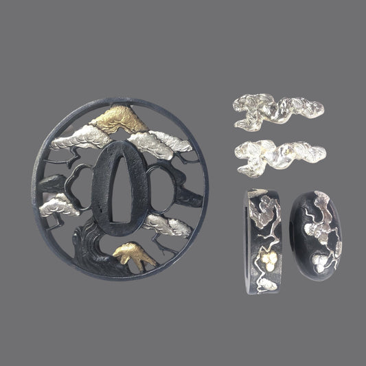 Blackened Copper Tsuba with Mount Fuji and Pine Tree Design | KatanaSwordArt Tsuba For Sale 2025