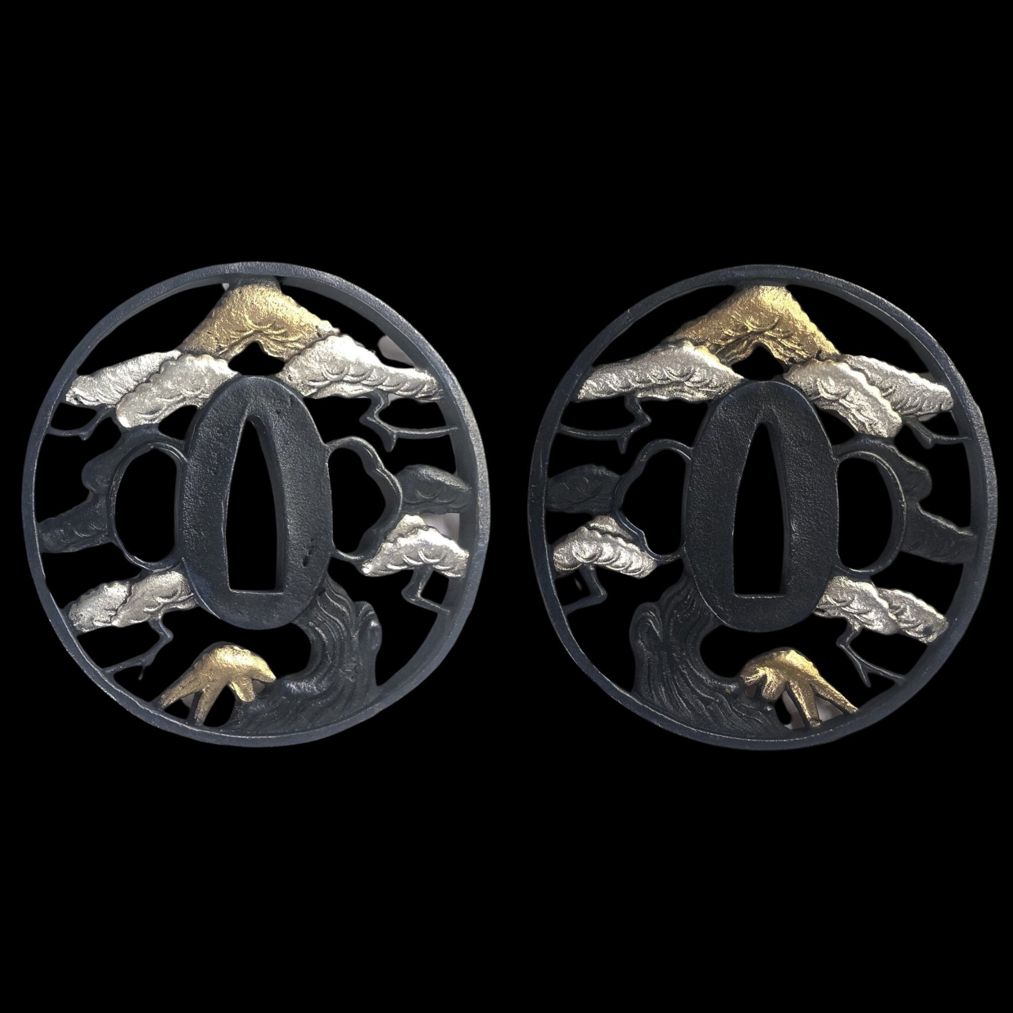 Blackened Copper Tsuba with Mount Fuji and Pine Tree Design | KatanaSwordArt Tsuba For Sale 2025