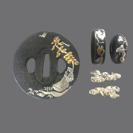 Blackened Copper Tsuba with Nature Scenery and House Design | KatanaSwordArt Tsuba For Sale 2025