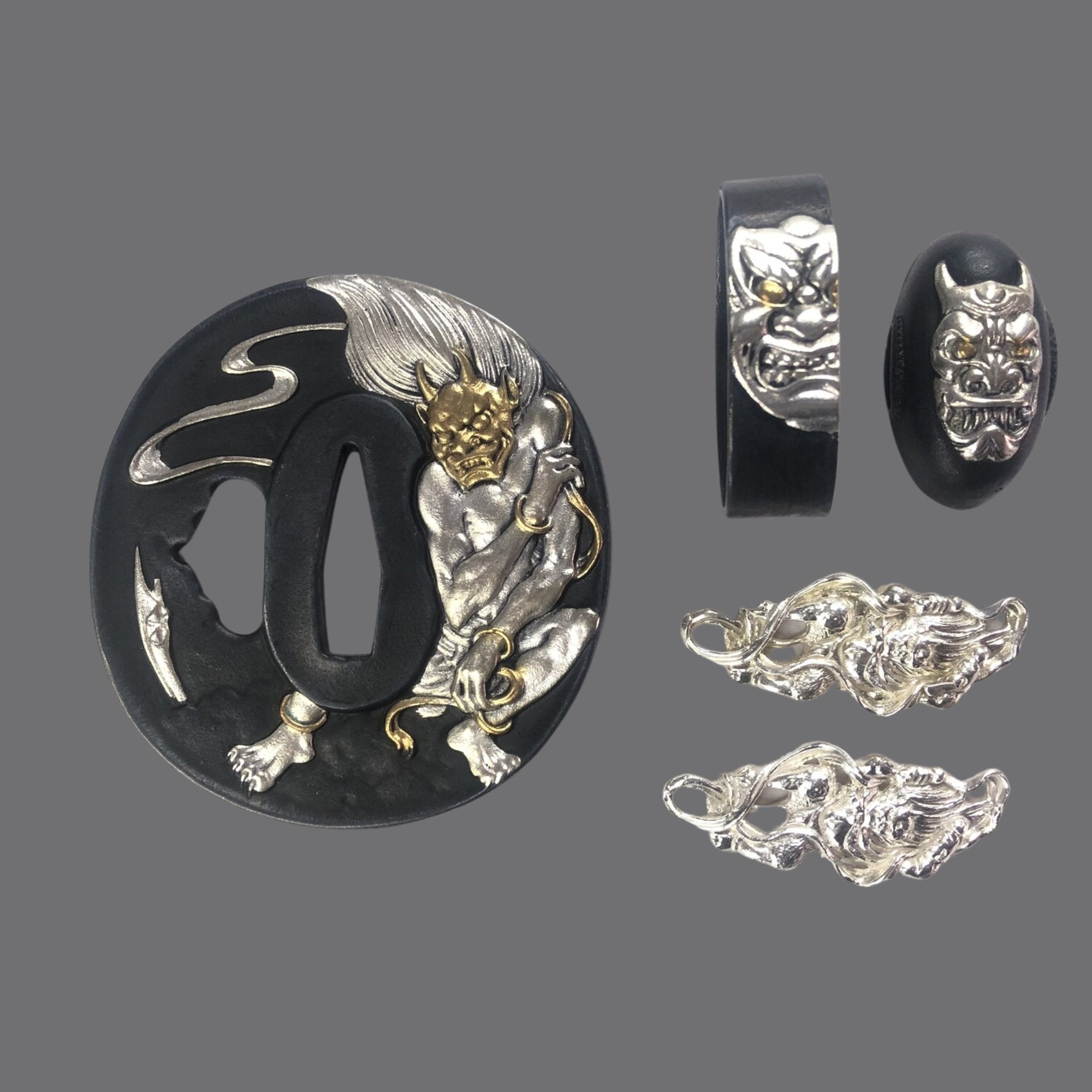 Blackened Copper Tsuba with Raijin Thunder God Engraving | KatanaSwordArt Tsuba For Sale 2025