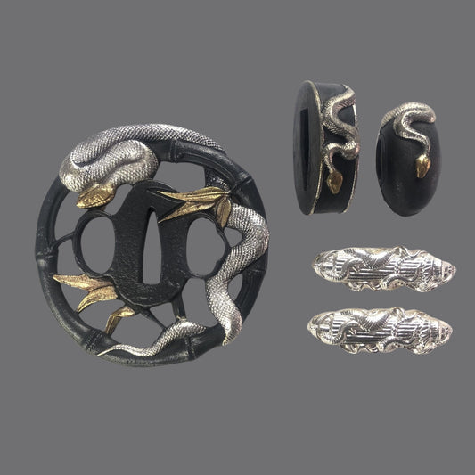Blackened Copper Tsuba with Snake and Bamboo Design | KatanaSwordArt Tsuba For Sale 2025
