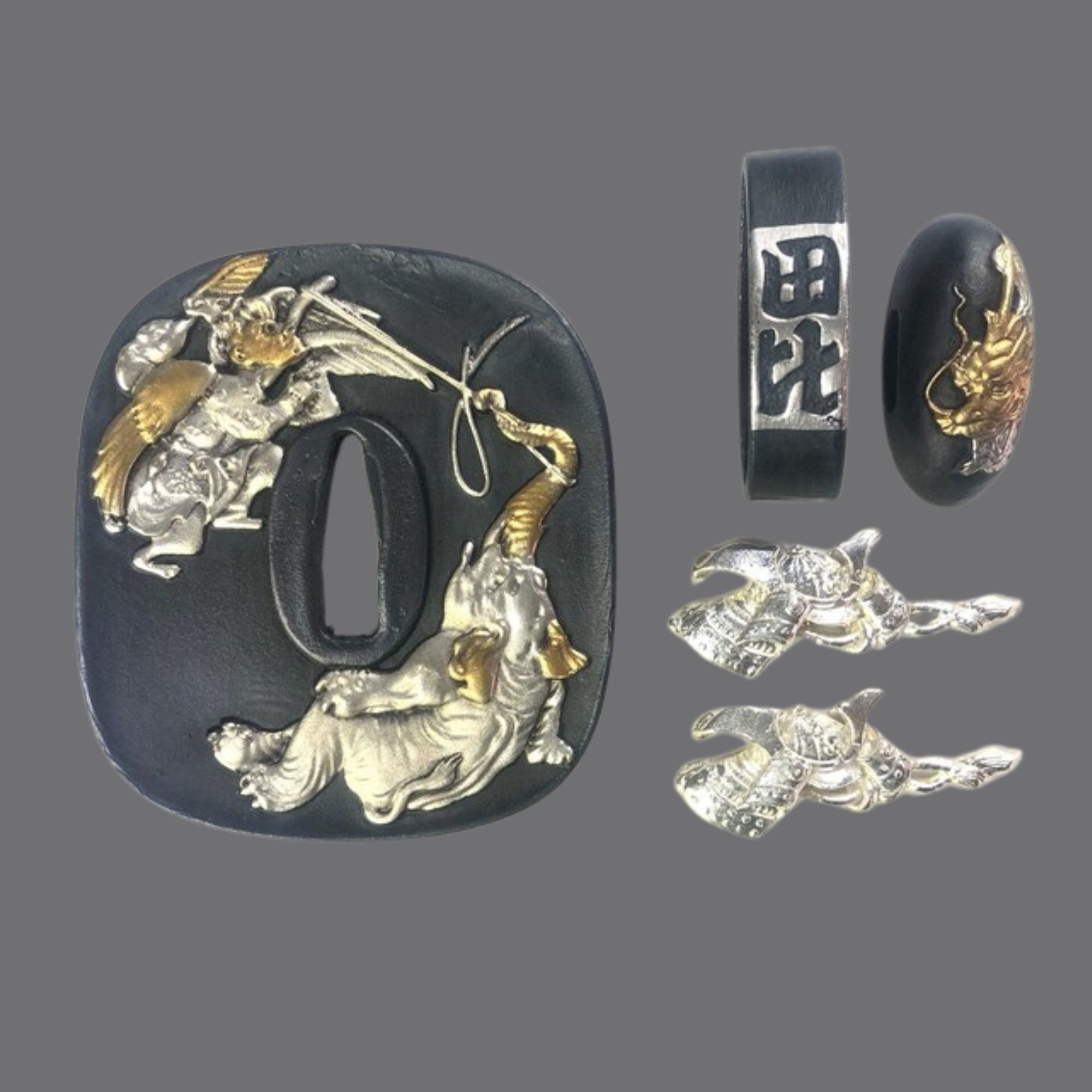 Blackened Copper Tsuba with Tengu and Elephant Design | KatanaSwordArt Tsuba For Sale 2025