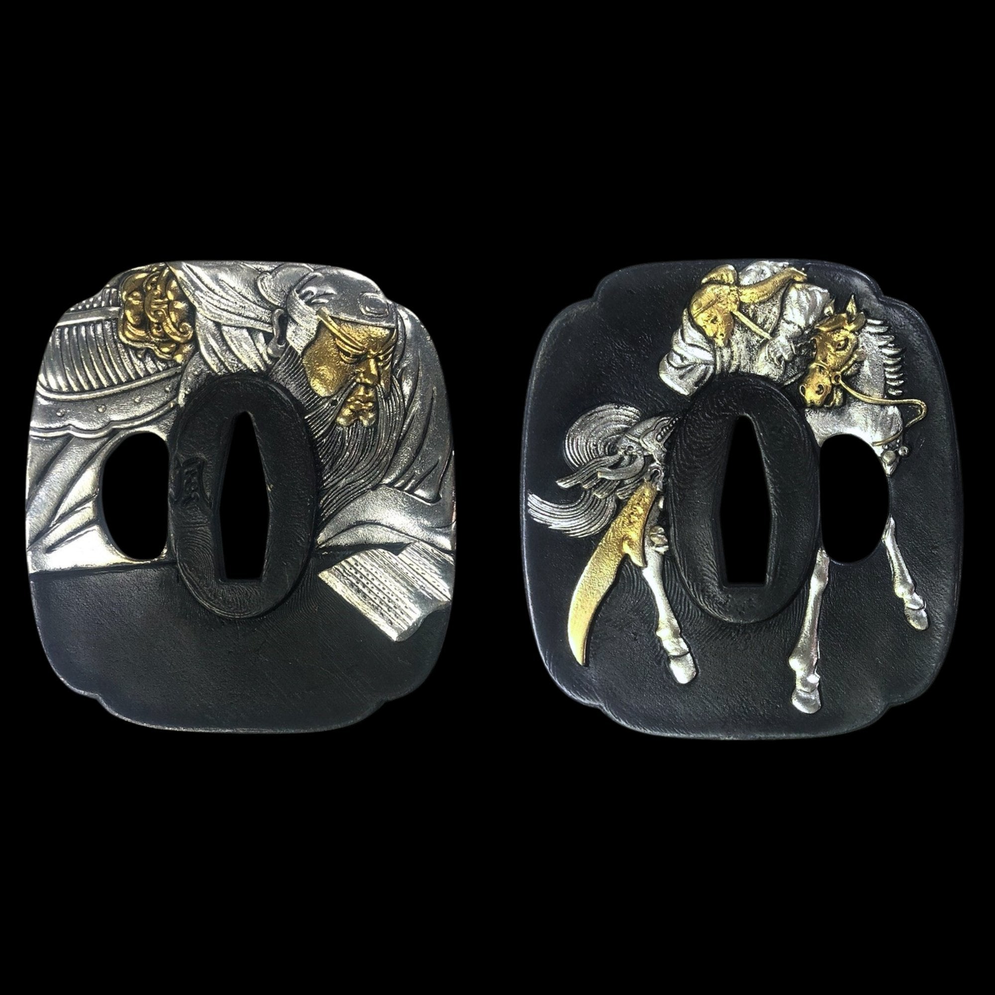 Blackened Copper Tsuba with Warrior and War Horse Design | KatanaSwordArt Tsuba For Sale 2025