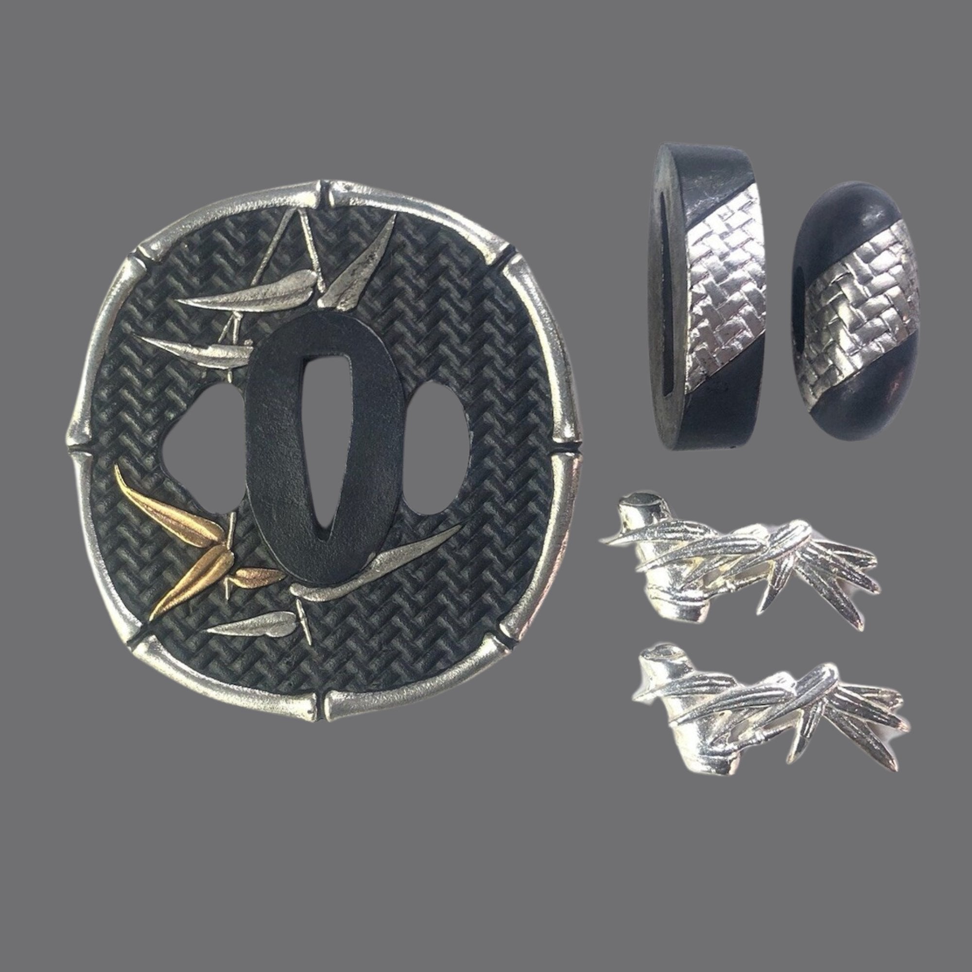 Blackened Copper Tsuba with Woven Pattern and Bamboo Design | KatanaSwordArt Tsuba For Sale 2025