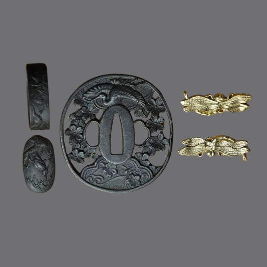 Blackened Steel Tsuba with Crane and Cherry Blossom Cutout Engraving | KatanaSwordArt Tsuba For Sale 2025