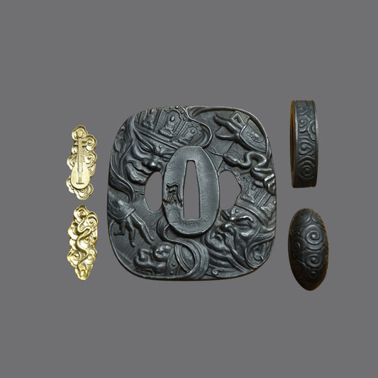 Blackened Steel Tsuba with Divine Deity Engraving | KatanaSwordArt Tsuba For Sale 2025