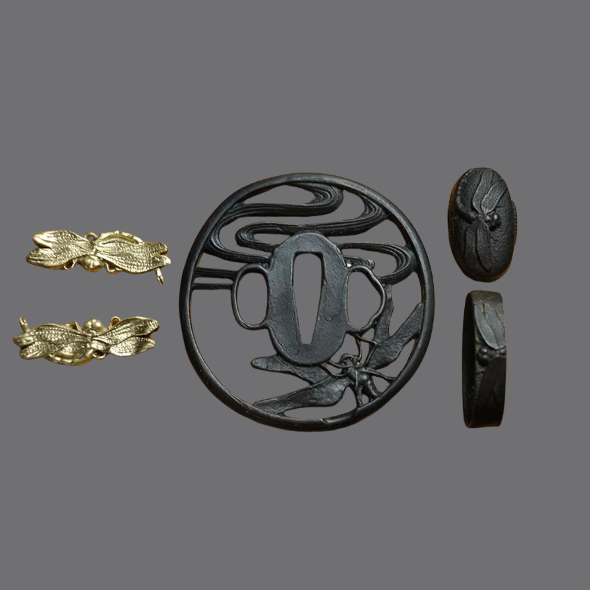Blackened Steel Tsuba with Dragonfly and Flowing Water Cutout Engraving | KatanaSwordArt Tsuba For Sale 2025