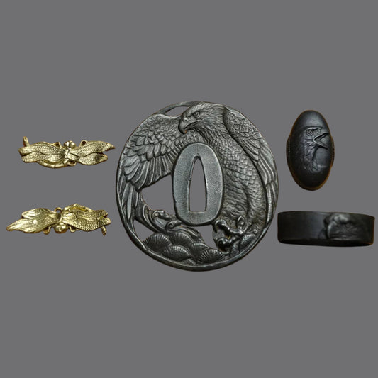 Blackened Steel Tsuba with Eagle and Pine Forest Engraving | KatanaSwordArt Tsuba For Sale 2025