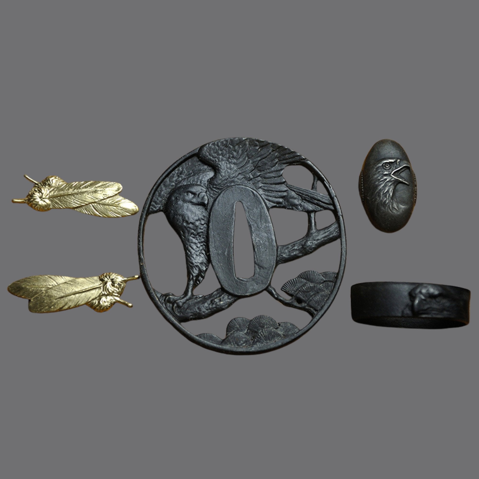 Blackened Steel Tsuba with Eagle and Pine Tree Cutout Engraving | KatanaSwordArt Tsuba For Sale 2025