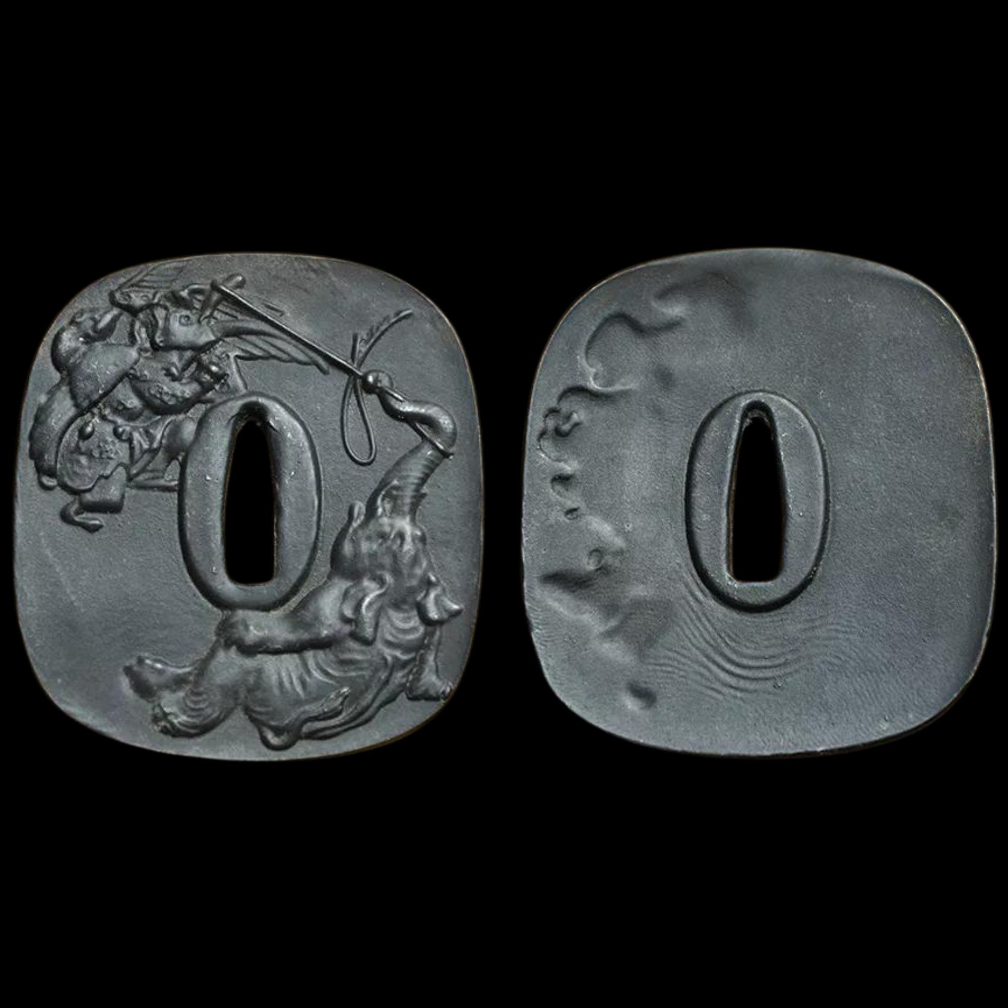 Blackened Steel Tsuba with Elephant and Tengu Engraving | KatanaSwordArt Tsuba For Sale 2025