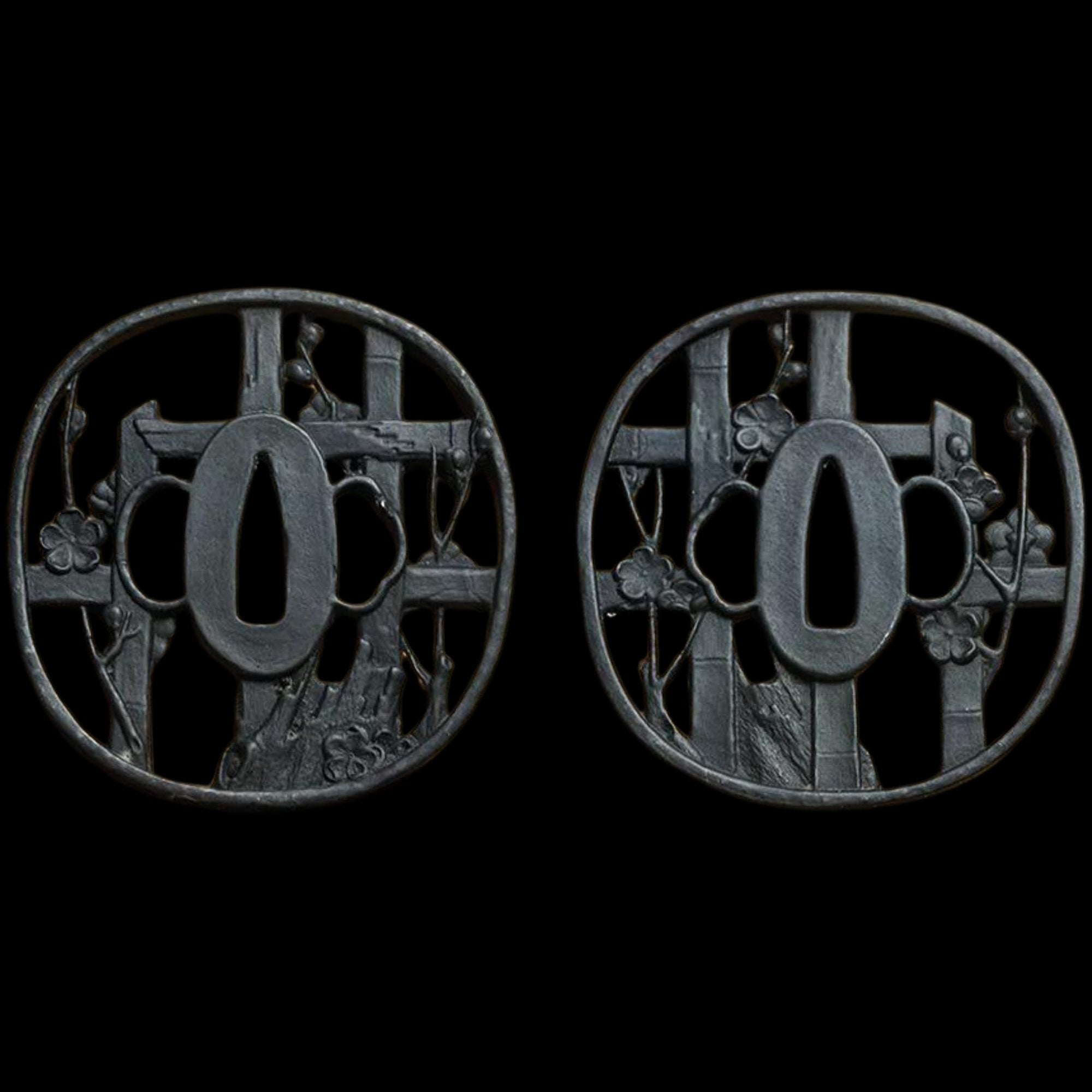 Blackened Steel Tsuba with Flower Lattice Cutout Engraving | KatanaSwordArt Tsuba For Sale 2025