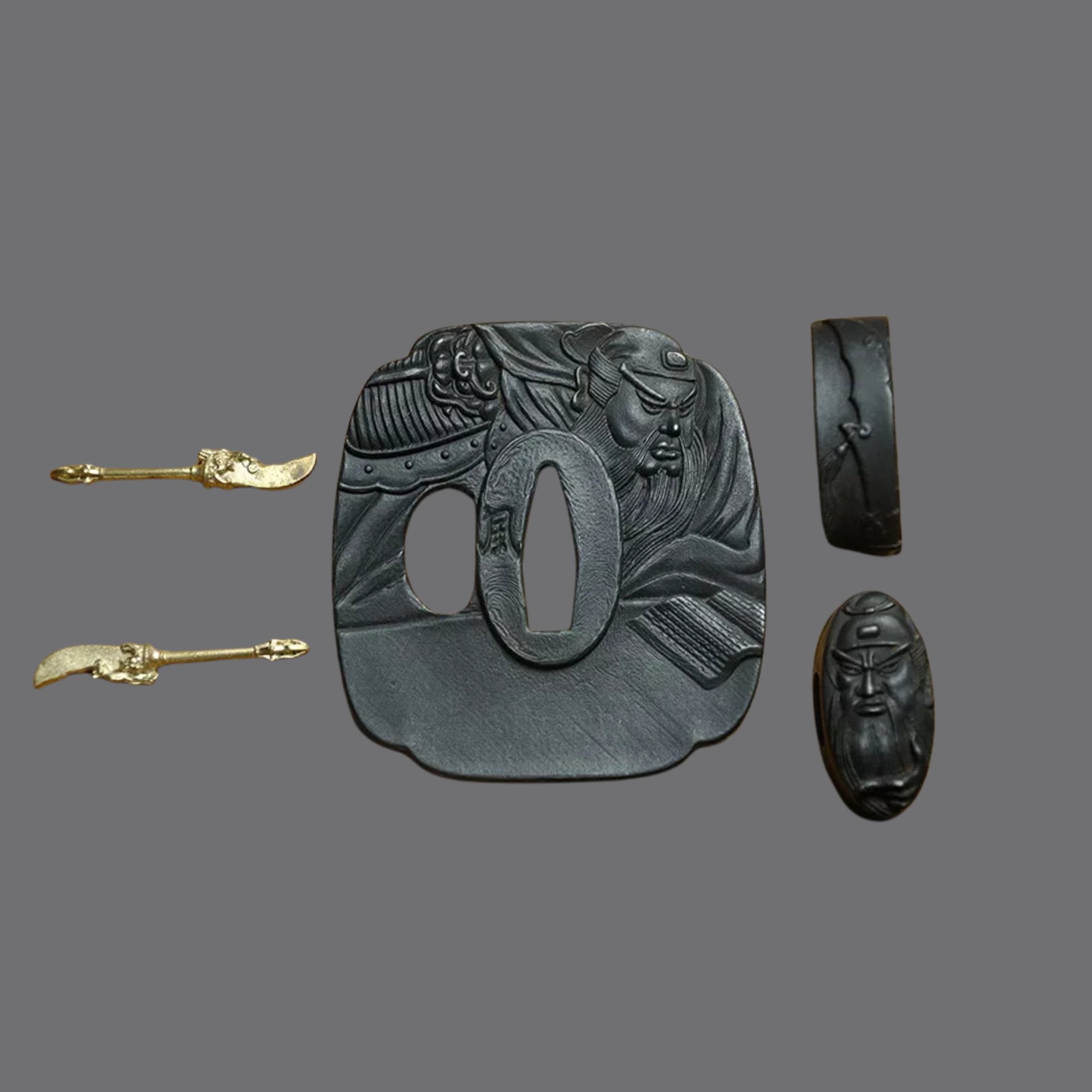 Blackened Steel Tsuba with Guan Yu Engraving | KatanaSwordArt Tsuba For Sale 2025