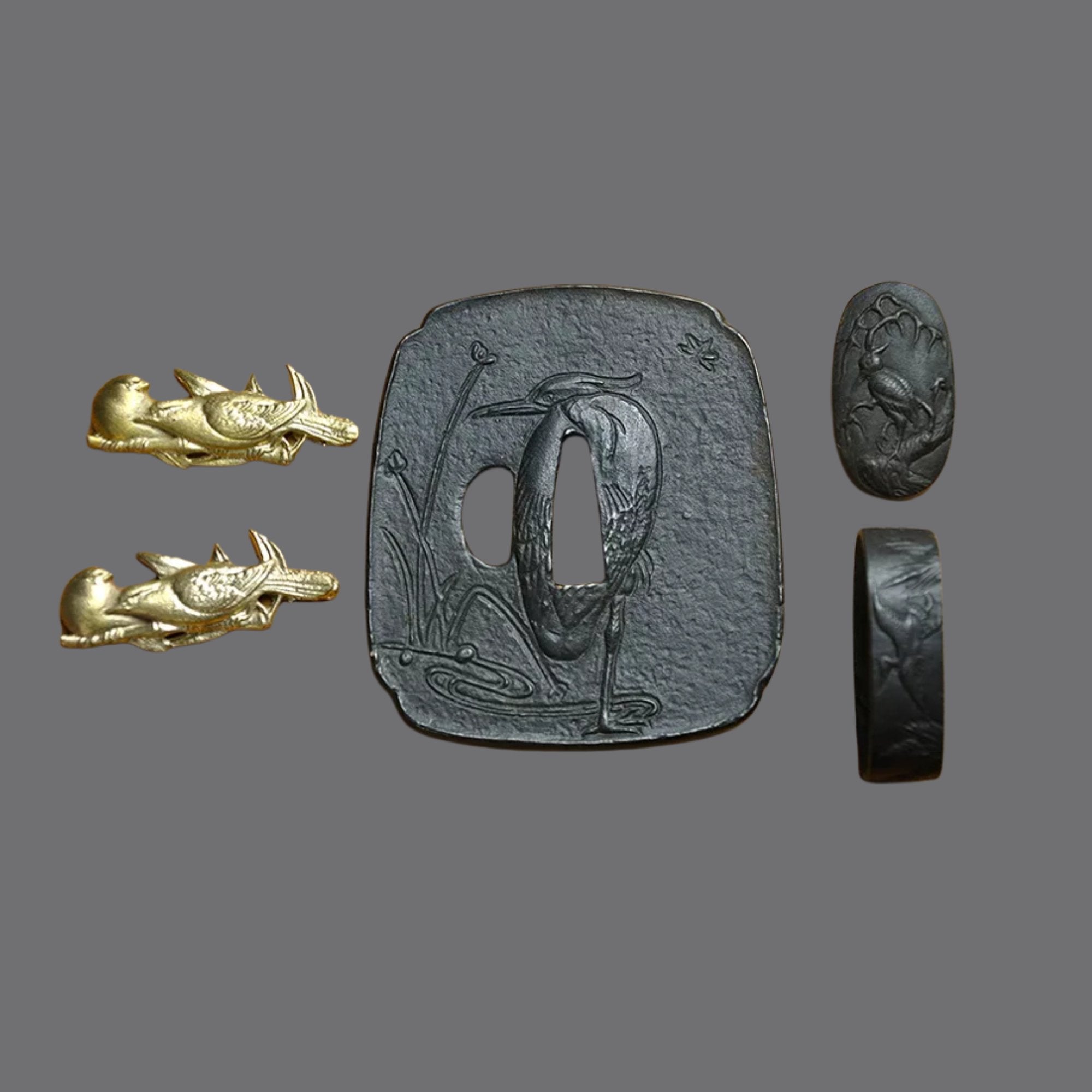 Blackened Steel Tsuba with Heron and Nature Scene Engraving | KatanaSwordArt Tsuba For Sale 2025