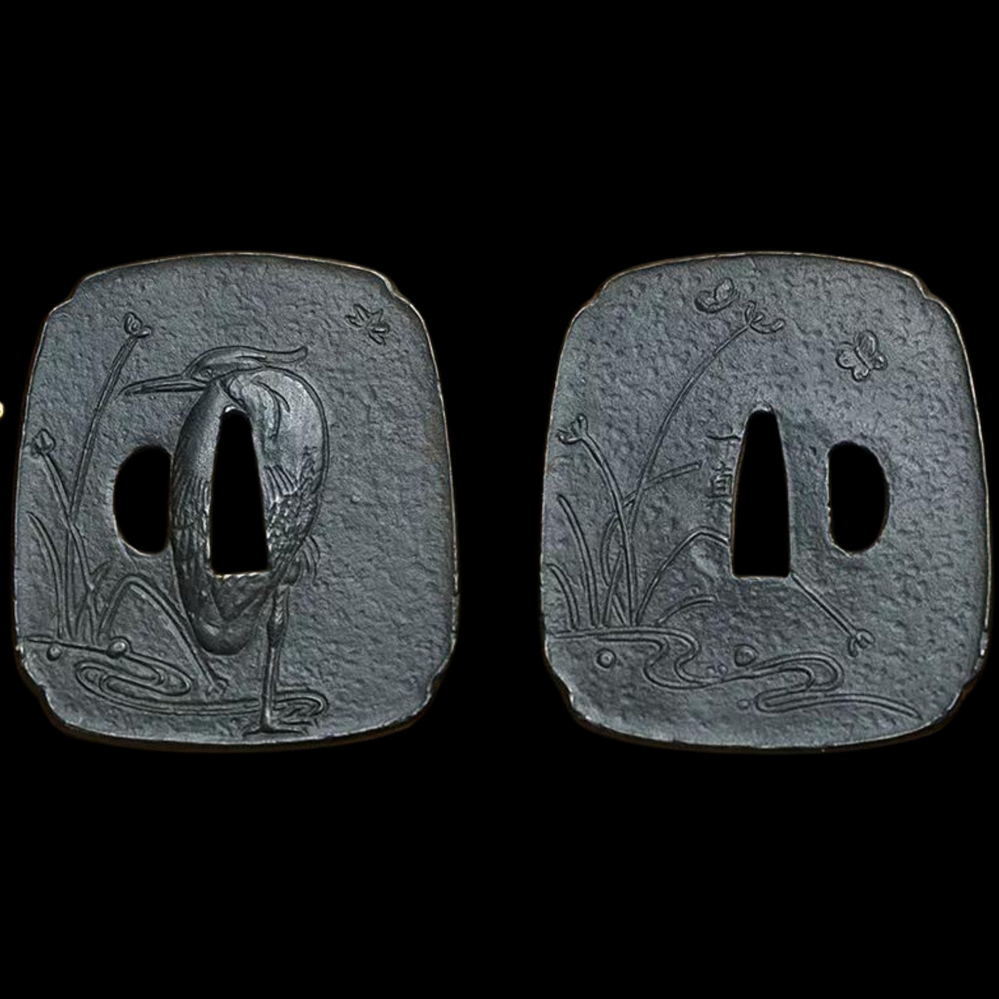 Blackened Steel Tsuba with Heron and Nature Scene Engraving | KatanaSwordArt Tsuba For Sale 2025