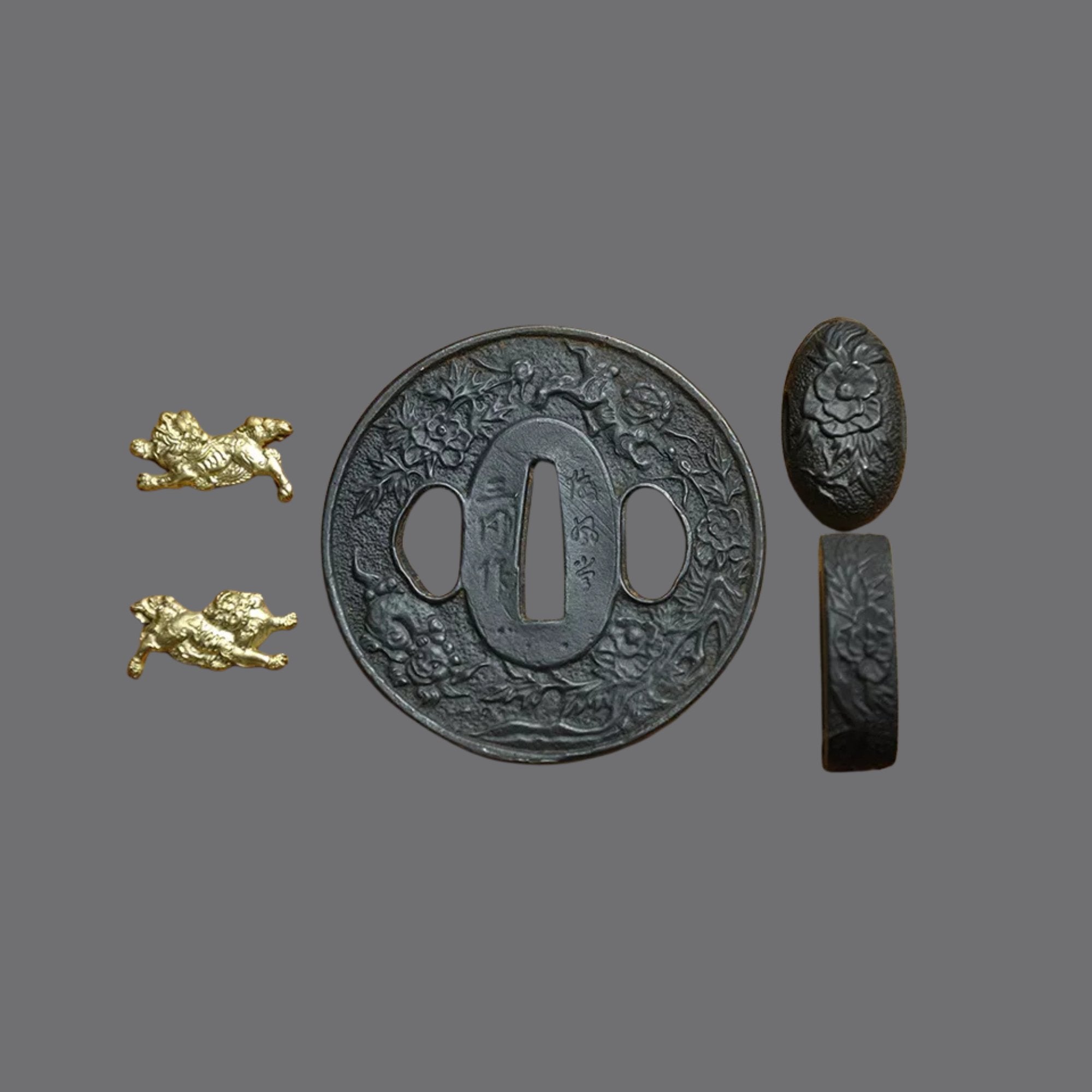 Blackened Steel Tsuba with Lion and Floral Engraving | KatanaSwordArt Tsuba For Sale 2025