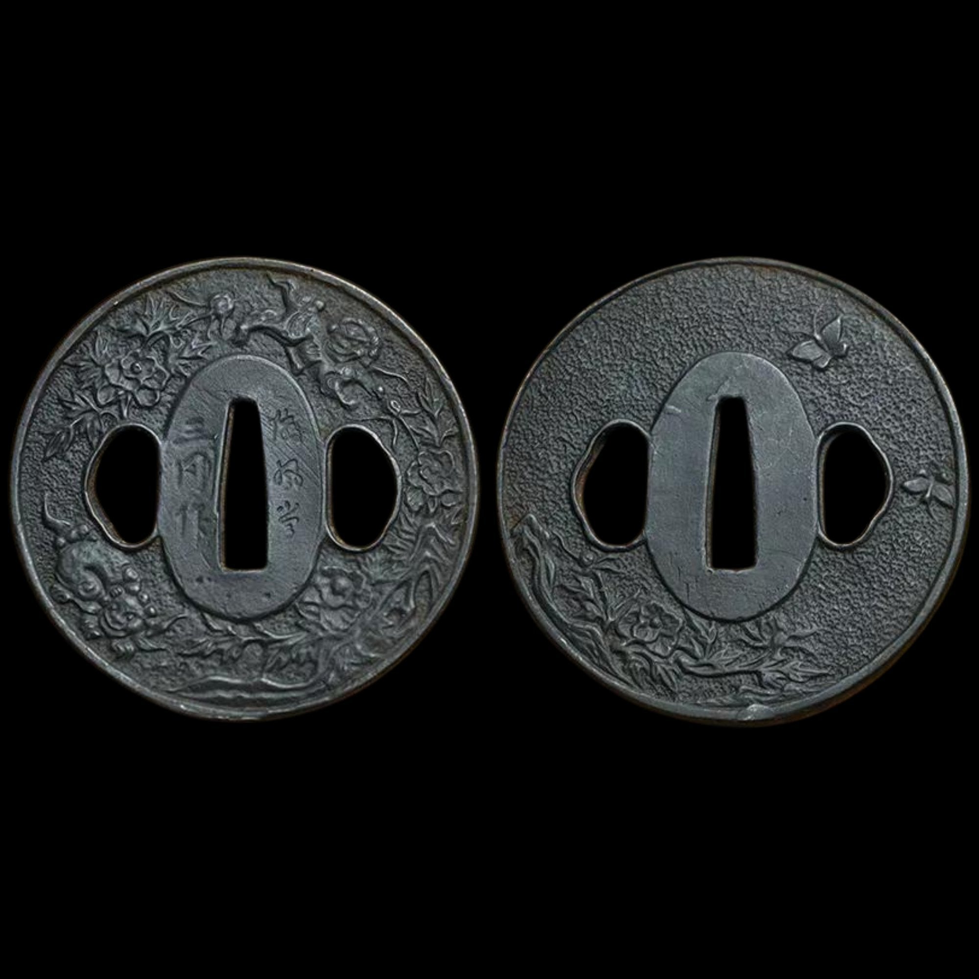 Blackened Steel Tsuba with Lion and Floral Engraving | KatanaSwordArt Tsuba For Sale 2025