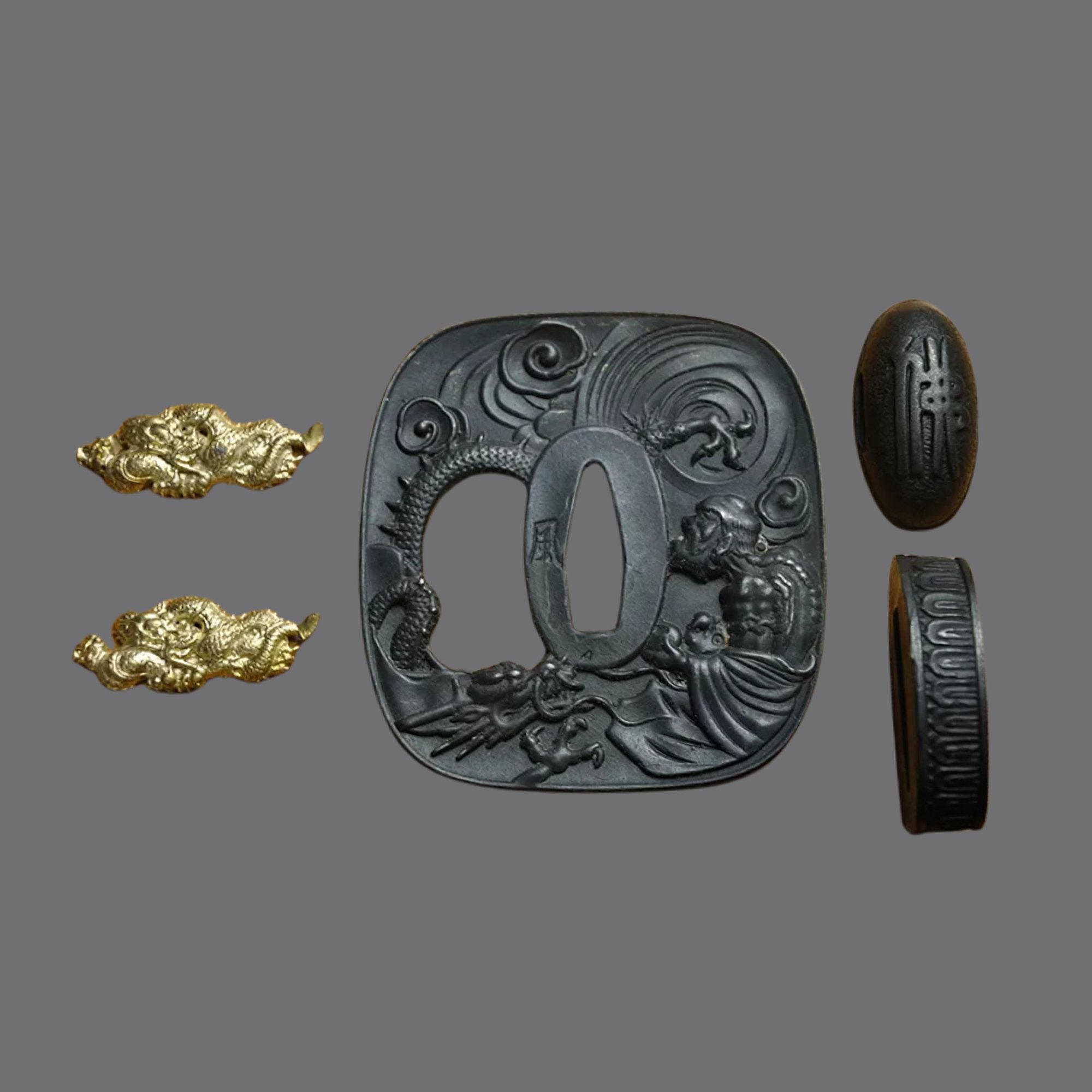 Blackened Steel Tsuba with Monk and Dragon Engraving | KatanaSwordArt Tsuba For Sale 2025