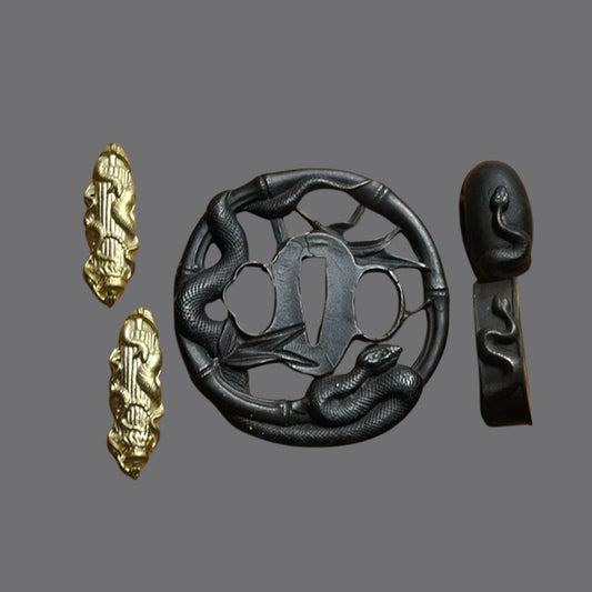 Blackened Steel Tsuba with Snake and Bamboo Forest Cutout Engraving | KatanaSwordArt Tsuba For Sale 2025