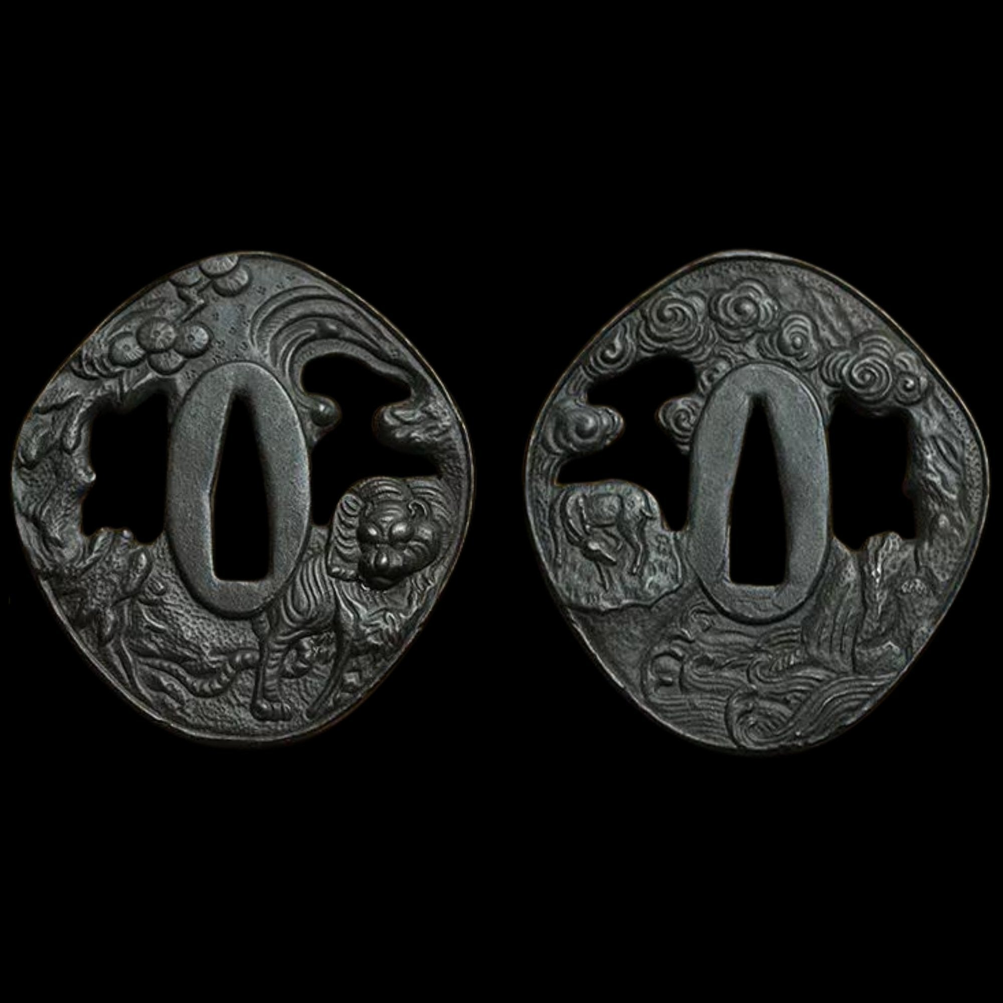 Blackened Steel Tsuba with Tiger and Deer Cutout Engraving | KatanaSwordArt Tsuba For Sale 2025