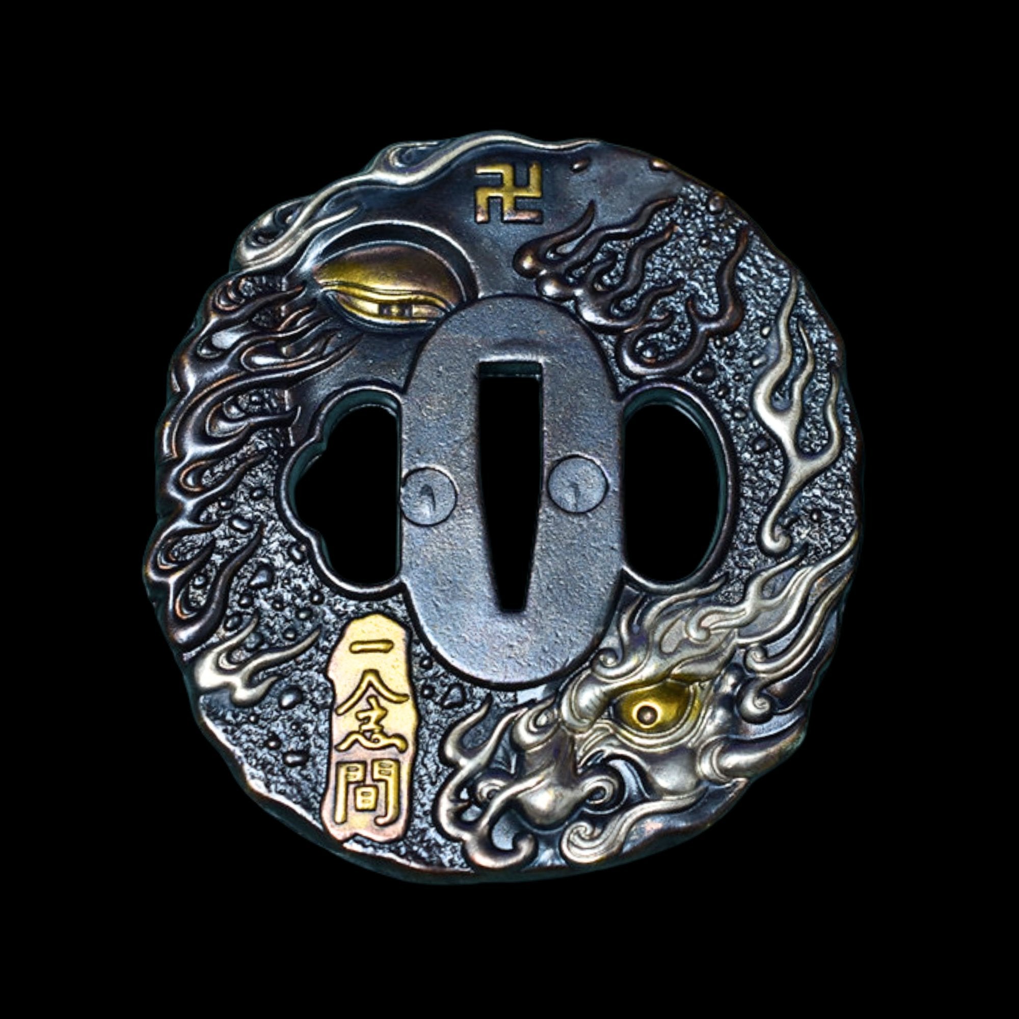 Brass Tsuba with Dragon Eye and Manji Symbol | KatanaSwordArt Tsuba For Sale 2025