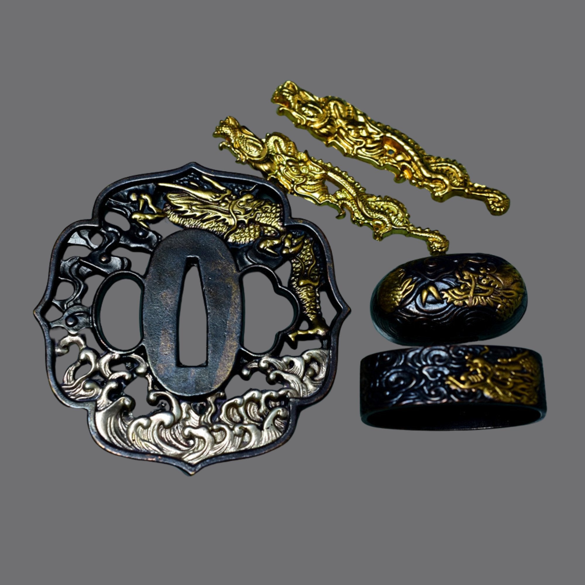 Brass Tsuba with Dragon Over Waves | KatanaSwordArt Tsuba For Sale 2025