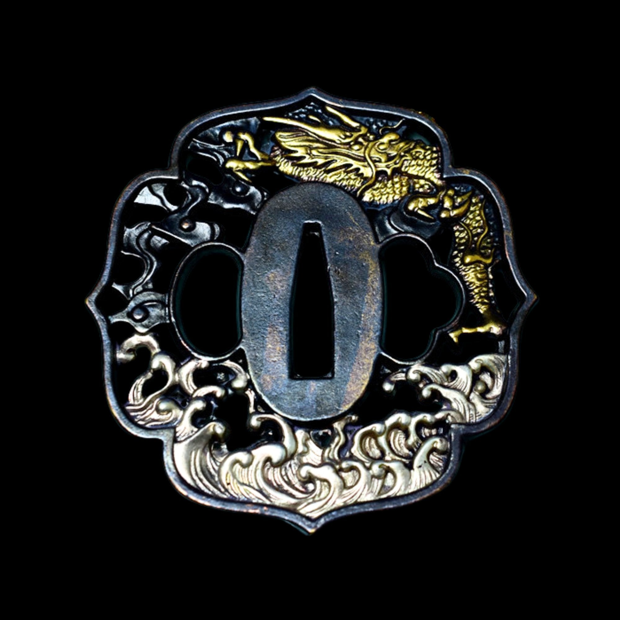 Brass Tsuba with Dragon Over Waves | KatanaSwordArt Tsuba For Sale 2025