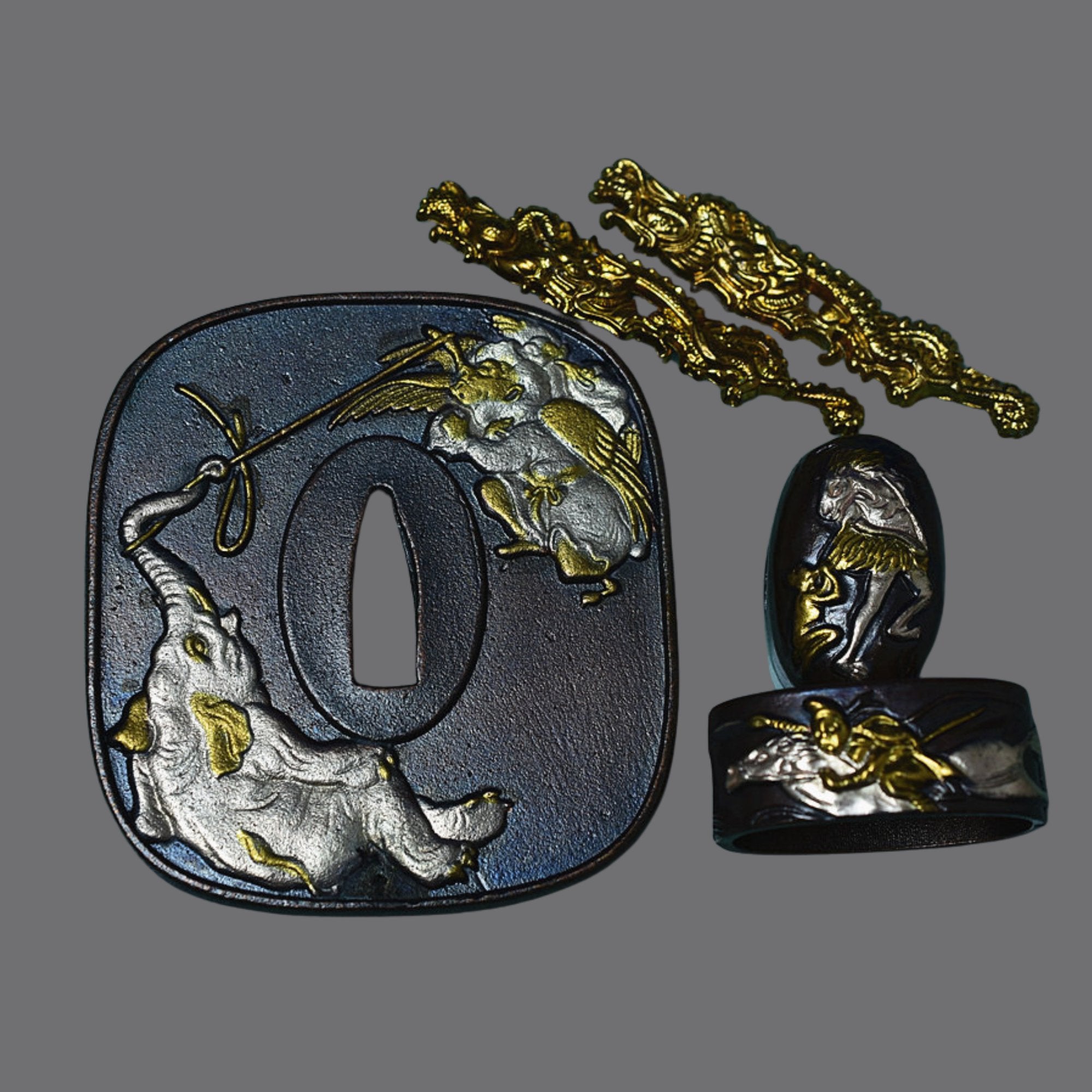 Brass Tsuba with Elephant and Tengu | KatanaSwordArt Tsuba For Sale 2025