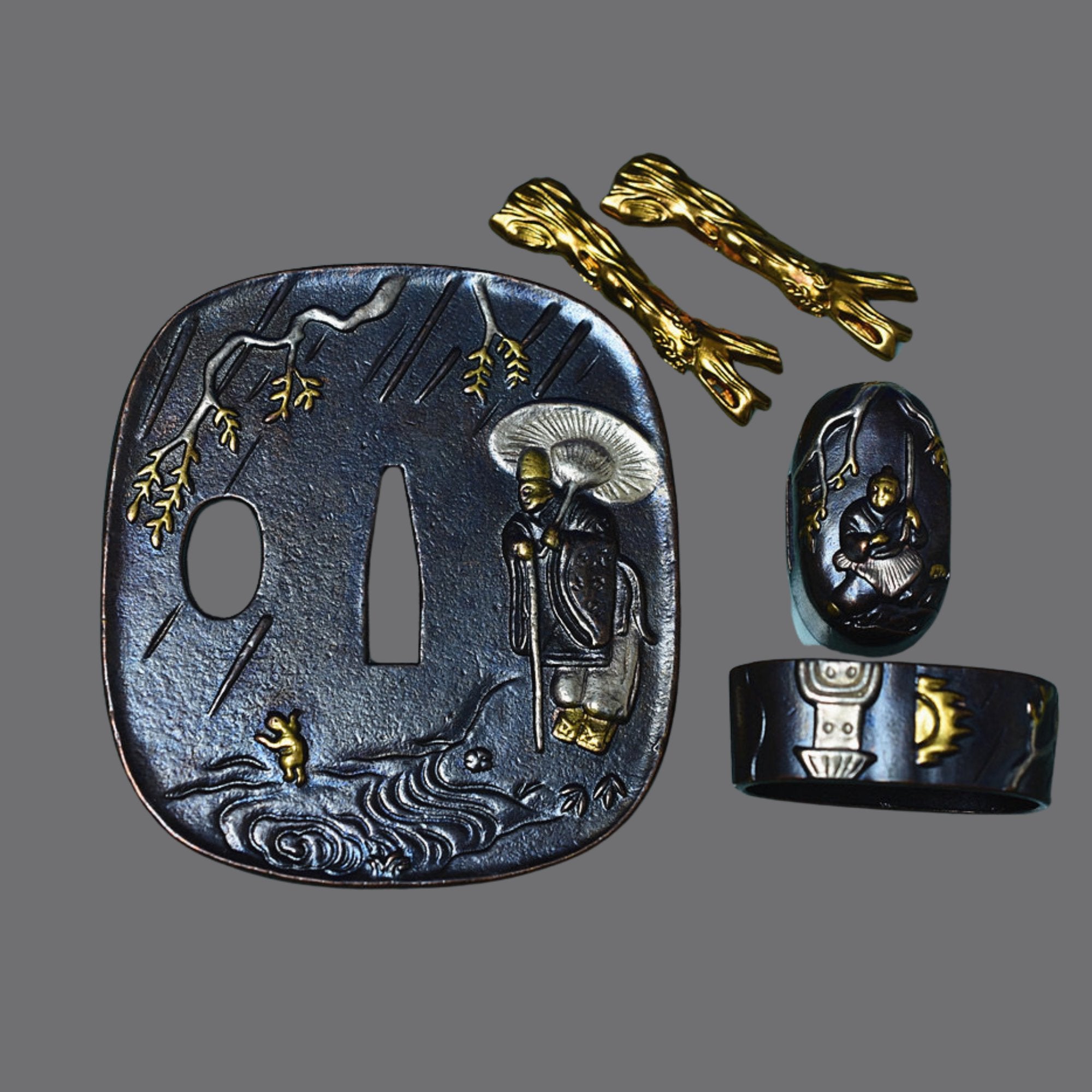 Brass Tsuba with Nobleman in the Rain | KatanaSwordArt Tsuba For Sale 2025