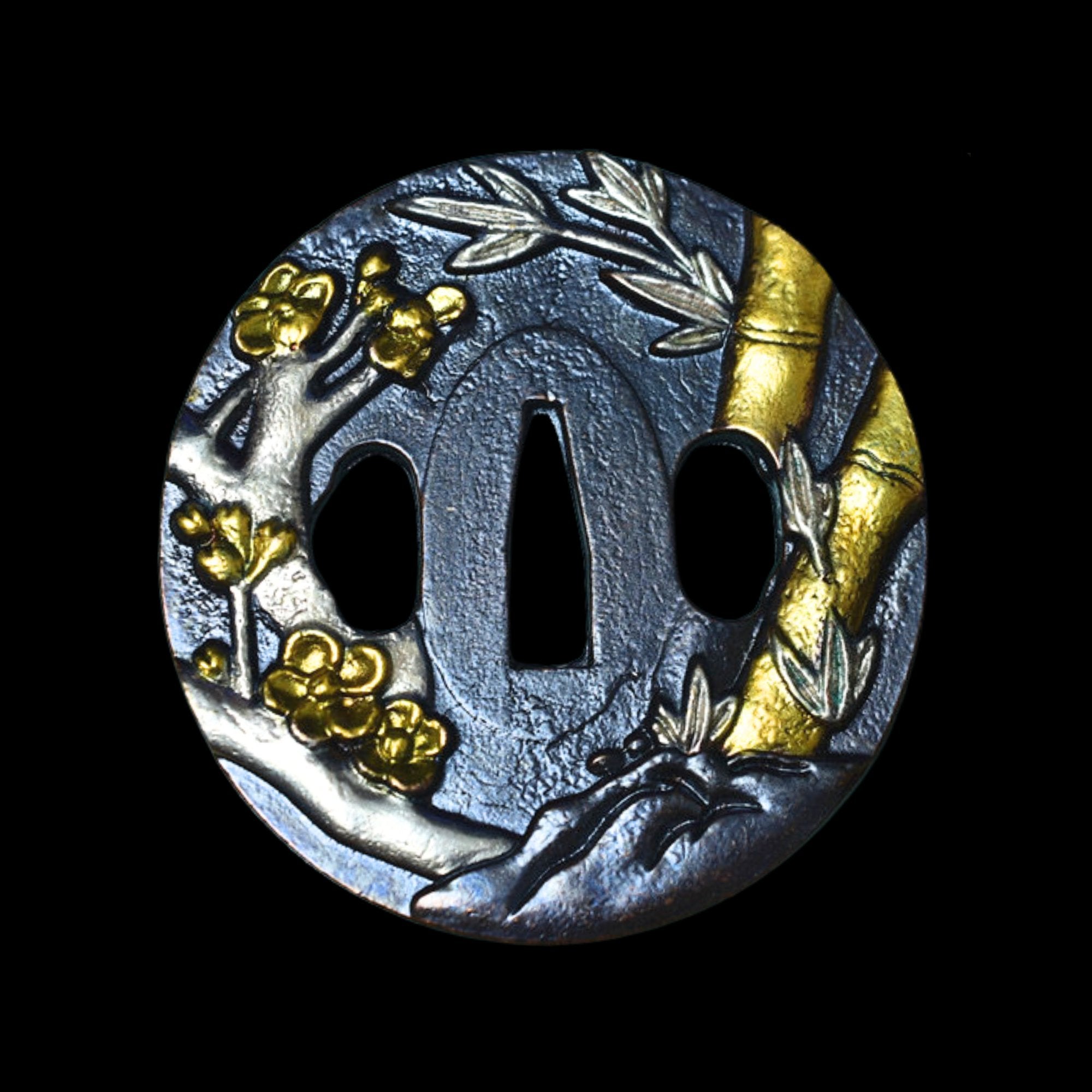 Brass Tsuba with Plum Blossom and Bamboo | KatanaSwordArt Tsuba For Sale 2025