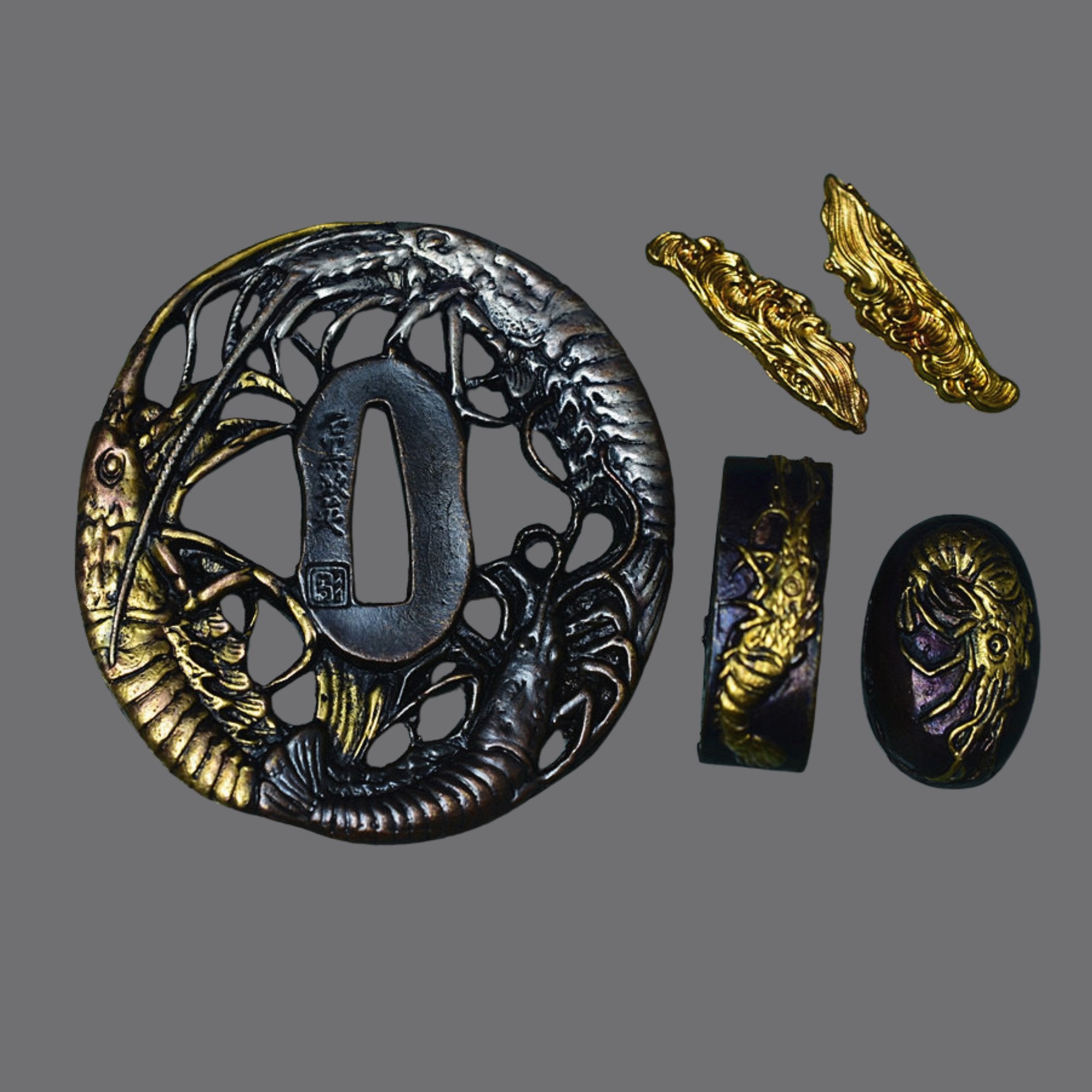 Brass Tsuba with Three Shrimp Design | KatanaSwordArt Tsuba For Sale 2025