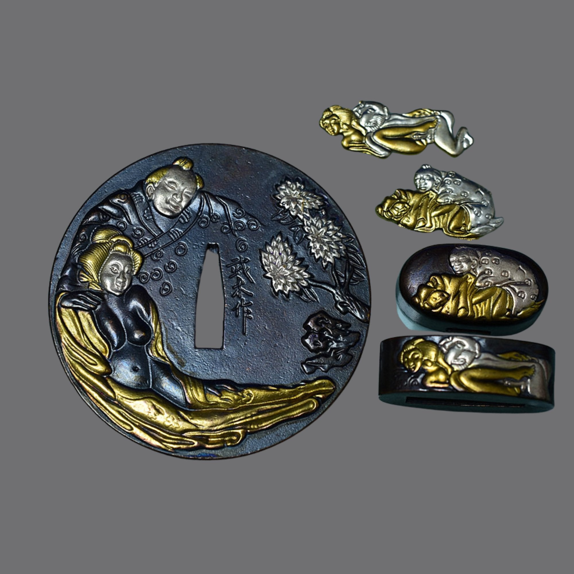 Brass Tsuba with Ukiyo - e Style Figures | KatanaSwordArt Tsuba For Sale 2025