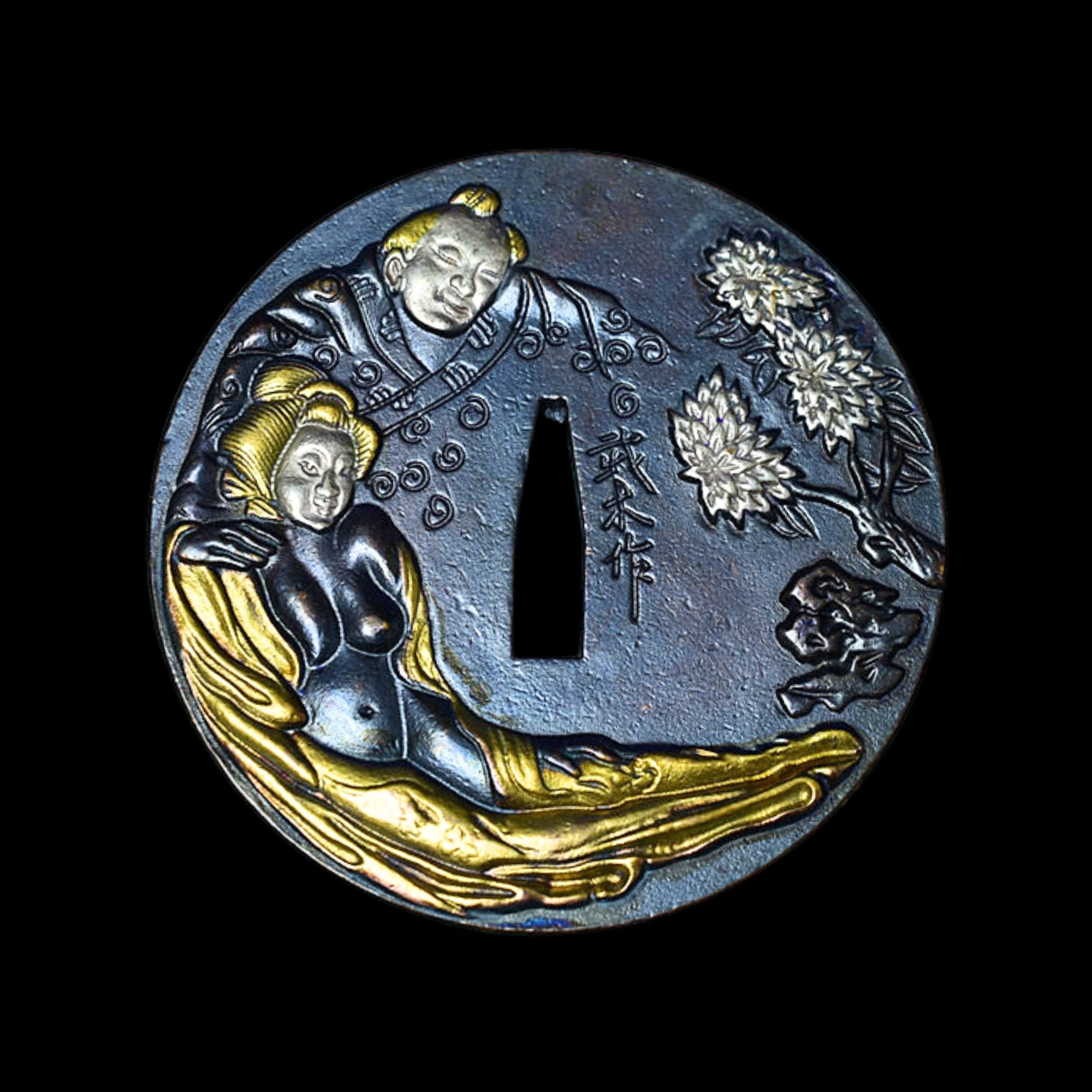 Brass Tsuba with Ukiyo - e Style Figures | KatanaSwordArt Tsuba For Sale 2025