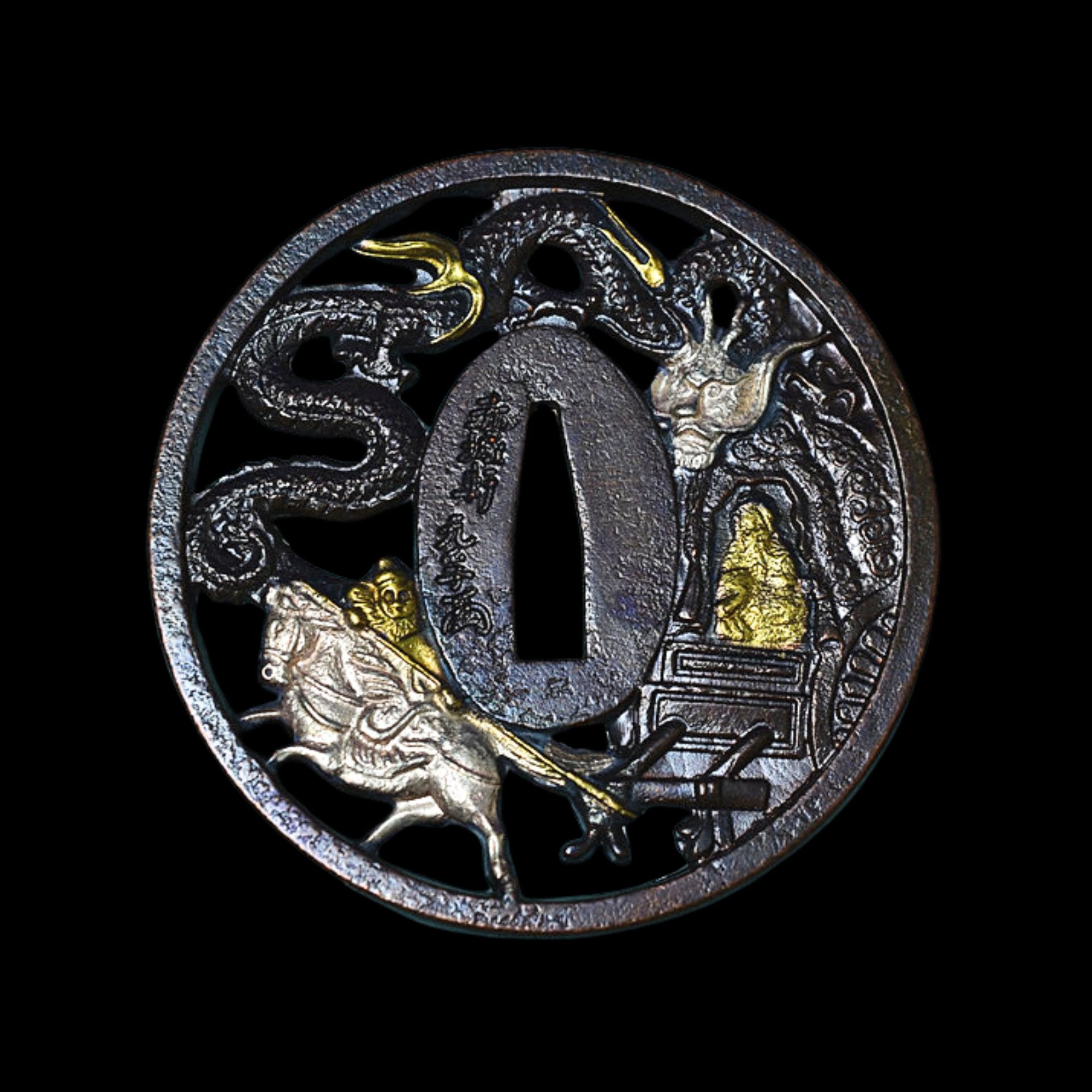Brass Tsuba with Warrior God and Dragon | KatanaSwordArt Tsuba For Sale 2025