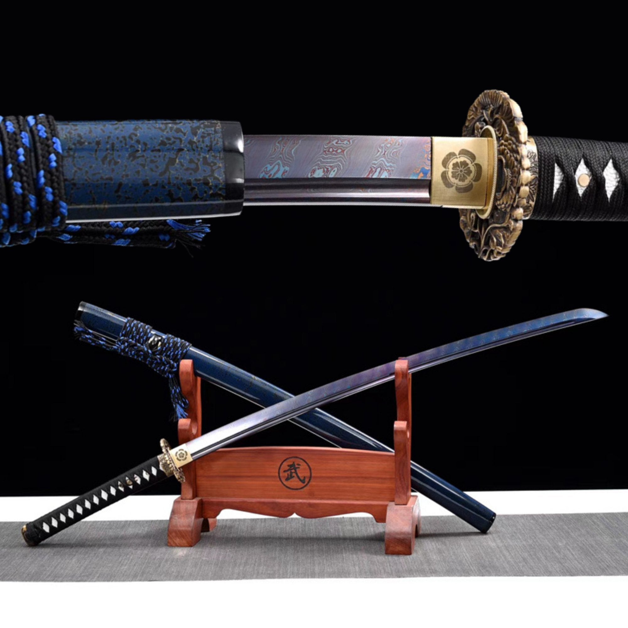 Katana Canyue Damascus Folded Blue Blade 殘月 | KatanaSwordArt Katana For Sale