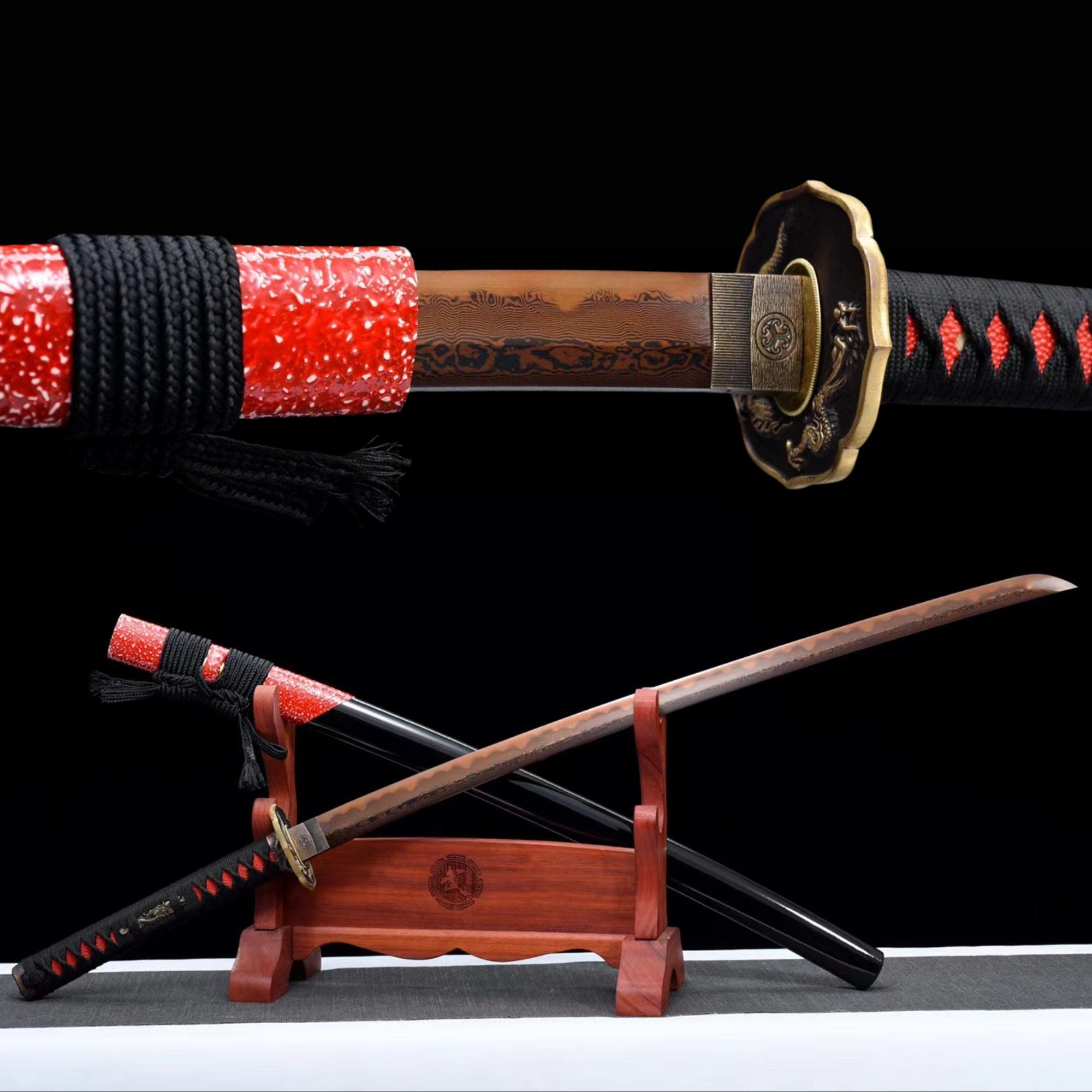 Katana Lianyu Damascus Steel Clay Tempered Dark Red Blade 獄龍 | KatanaSwordArt Katana For Sale 2025